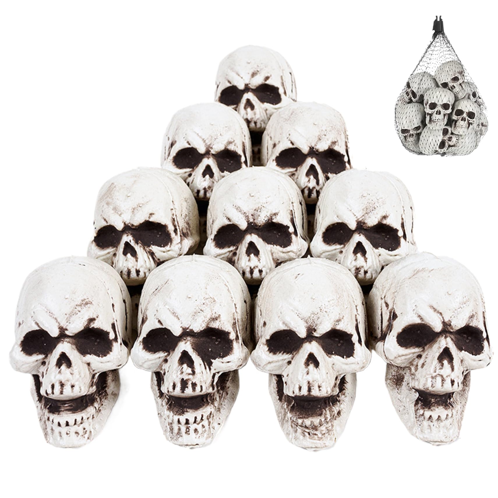 Goutdori 10 Pieces Skull Decor 2.8x2.4x2in, Small Plastic Halloween Skulls for Indoor Outdoor Table Garden Home Decor Props