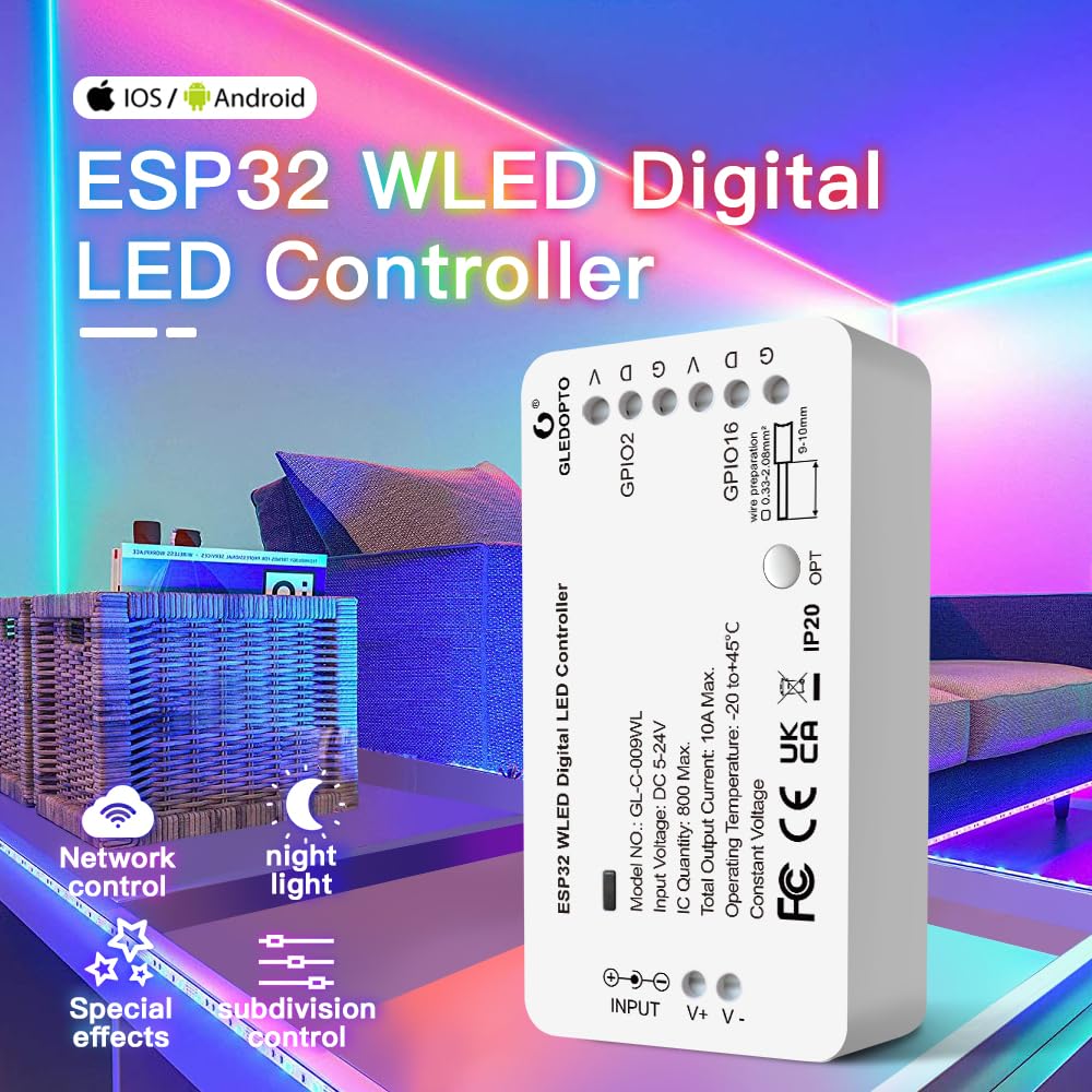 GLEDOPTO ESP32 WLED WIFI Digital LED Controller DIY Plus de 100 effets lumineux Maximum 800 IC Number Segmented Control Colours