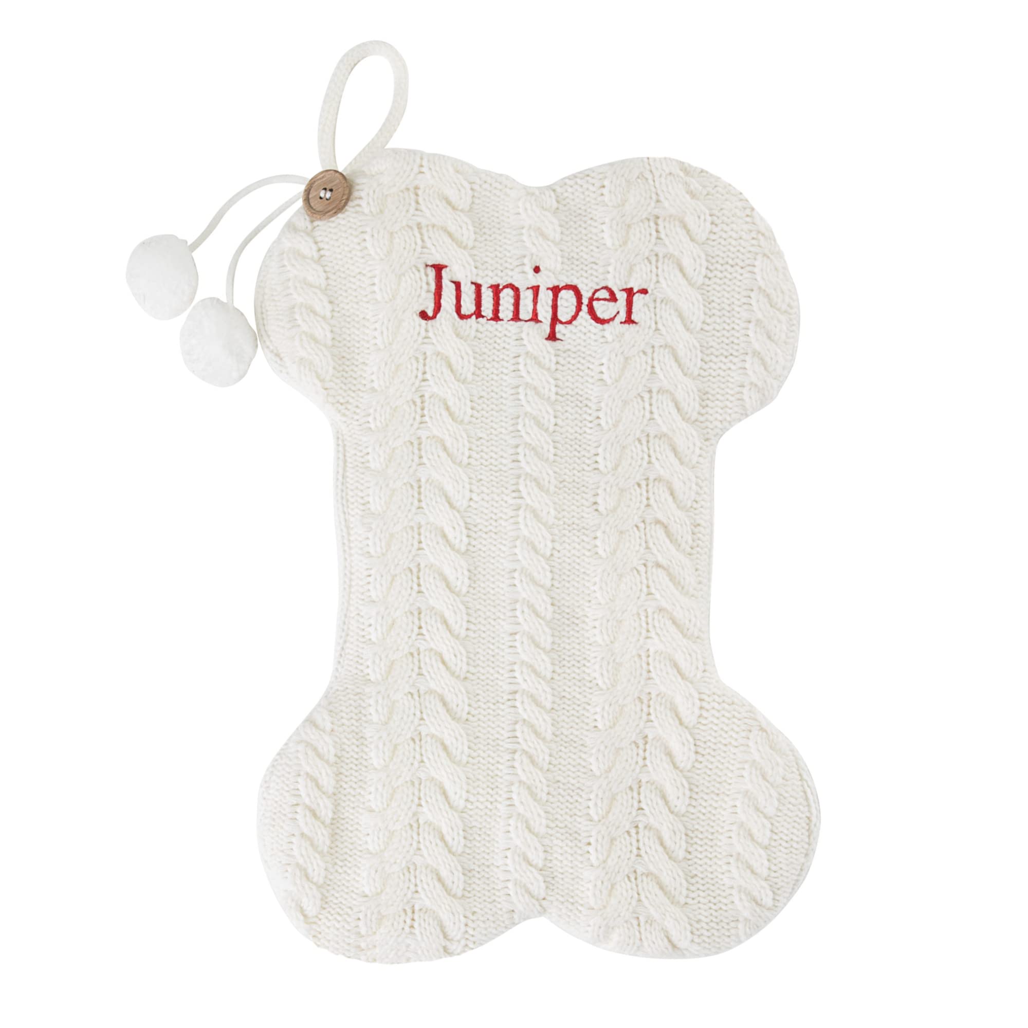 Personalized Planet Cable Knit Dog Bone Christmas Stocking with Custom Pet Name Embroidery | White Fabric with Button Detail and Pom Pom Accents | Fun Festive Christmas Home Décor | Ready to Hang