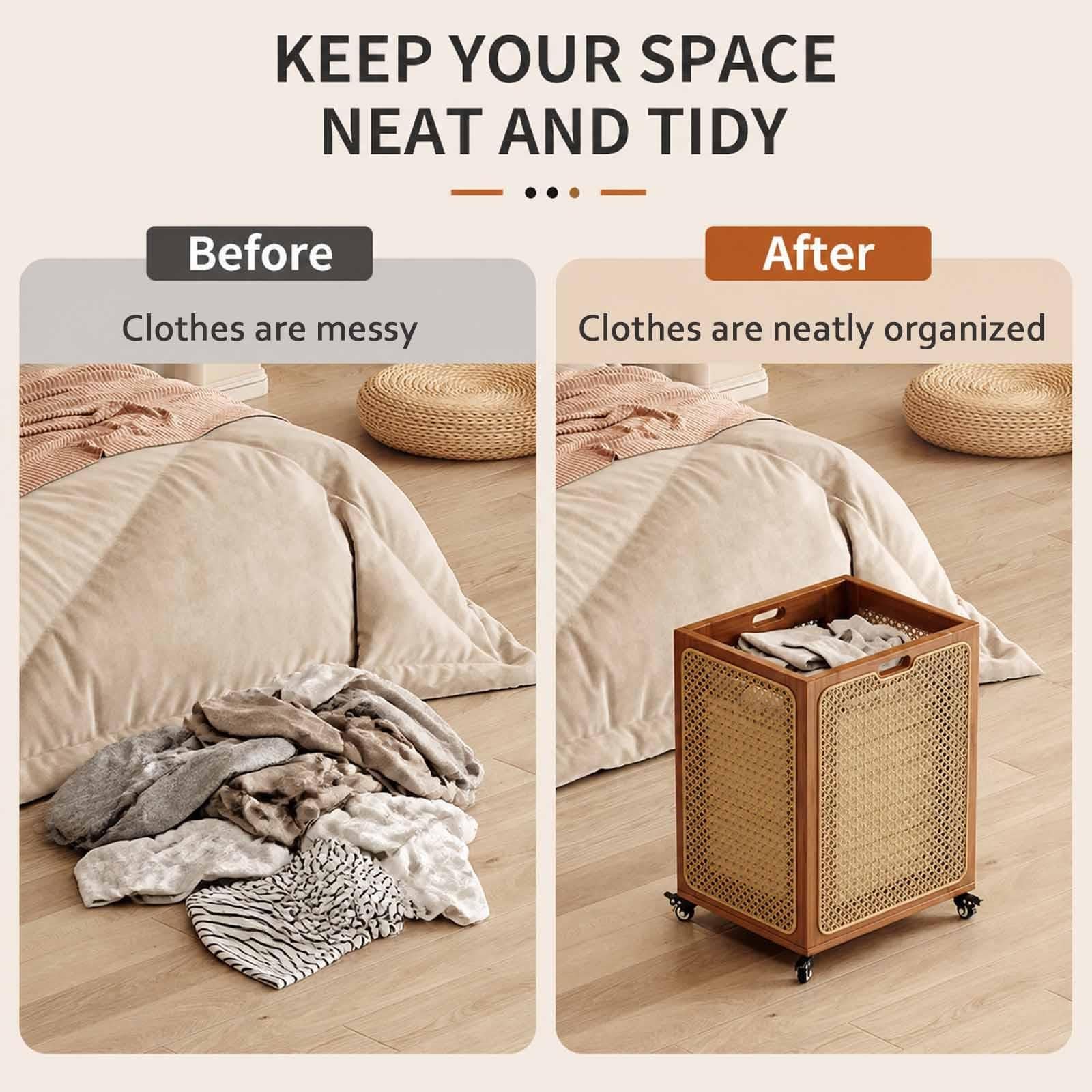 Cesto Portabiancheria Sporca In Rattan Con Ruote Girevoli 360°