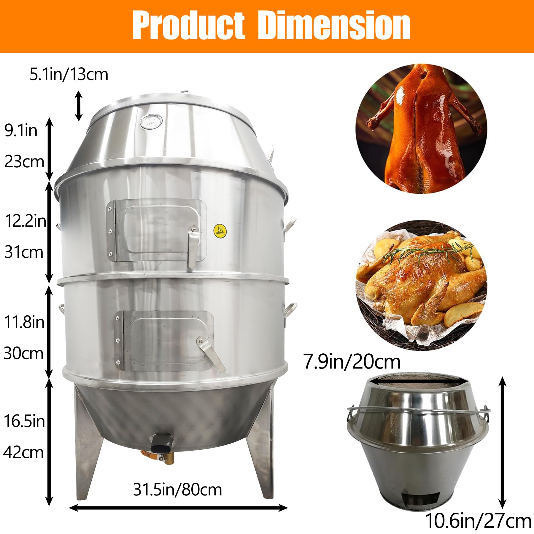 TECHTONGDA Charcoal Roast Duck Oven Chicken Duck Roaster, Stainless Steel BBQ Roast Turkey with 15 Hooks 20 Tail Pins and Temperature Display for Commercial Home Use