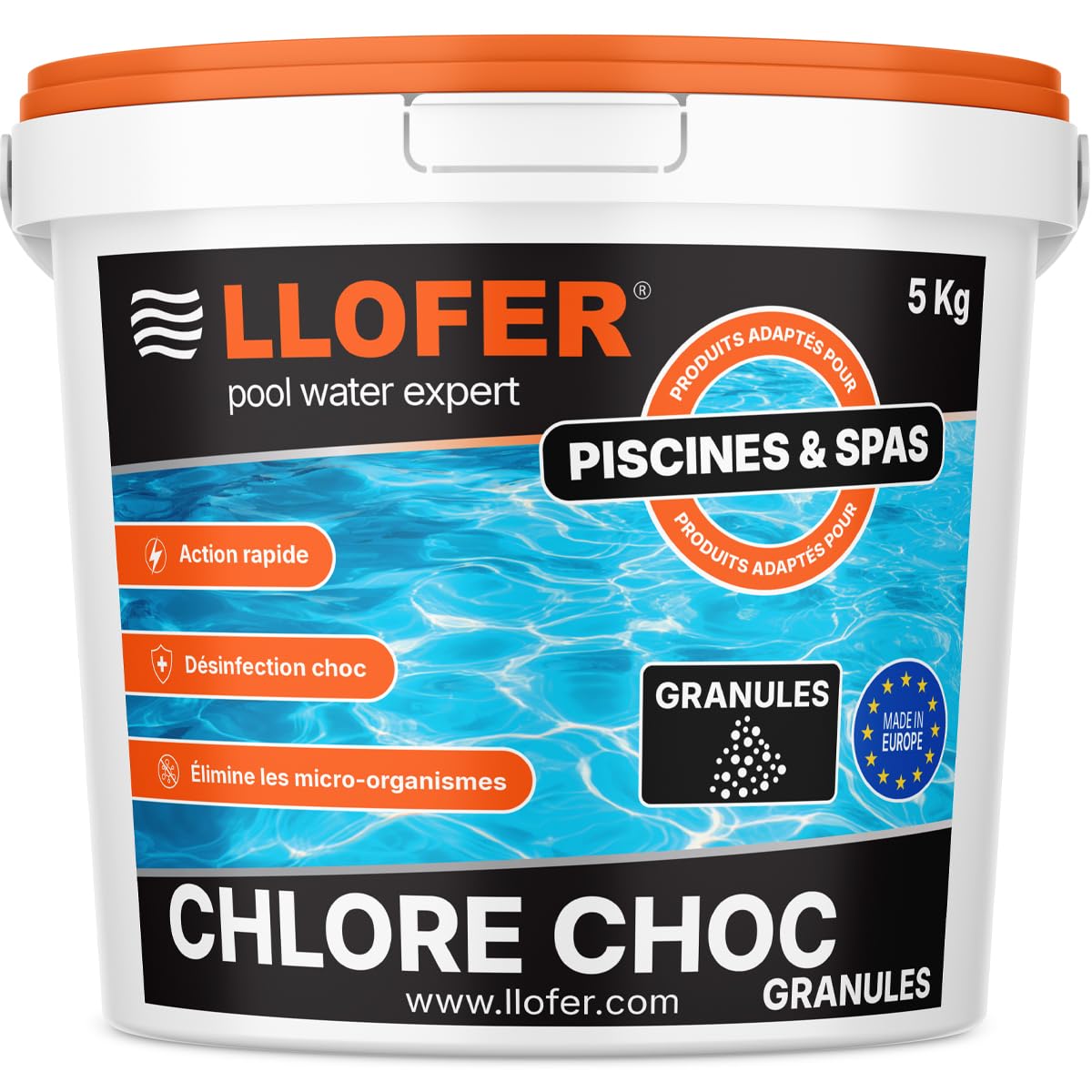 Chlore Choc Piscine Granulés 5kg – Désinfection Rapide et Efficace – Traitement Choc Eau Verte – Compatible Tous Types de Piscines – 55% en Chlore Actif
