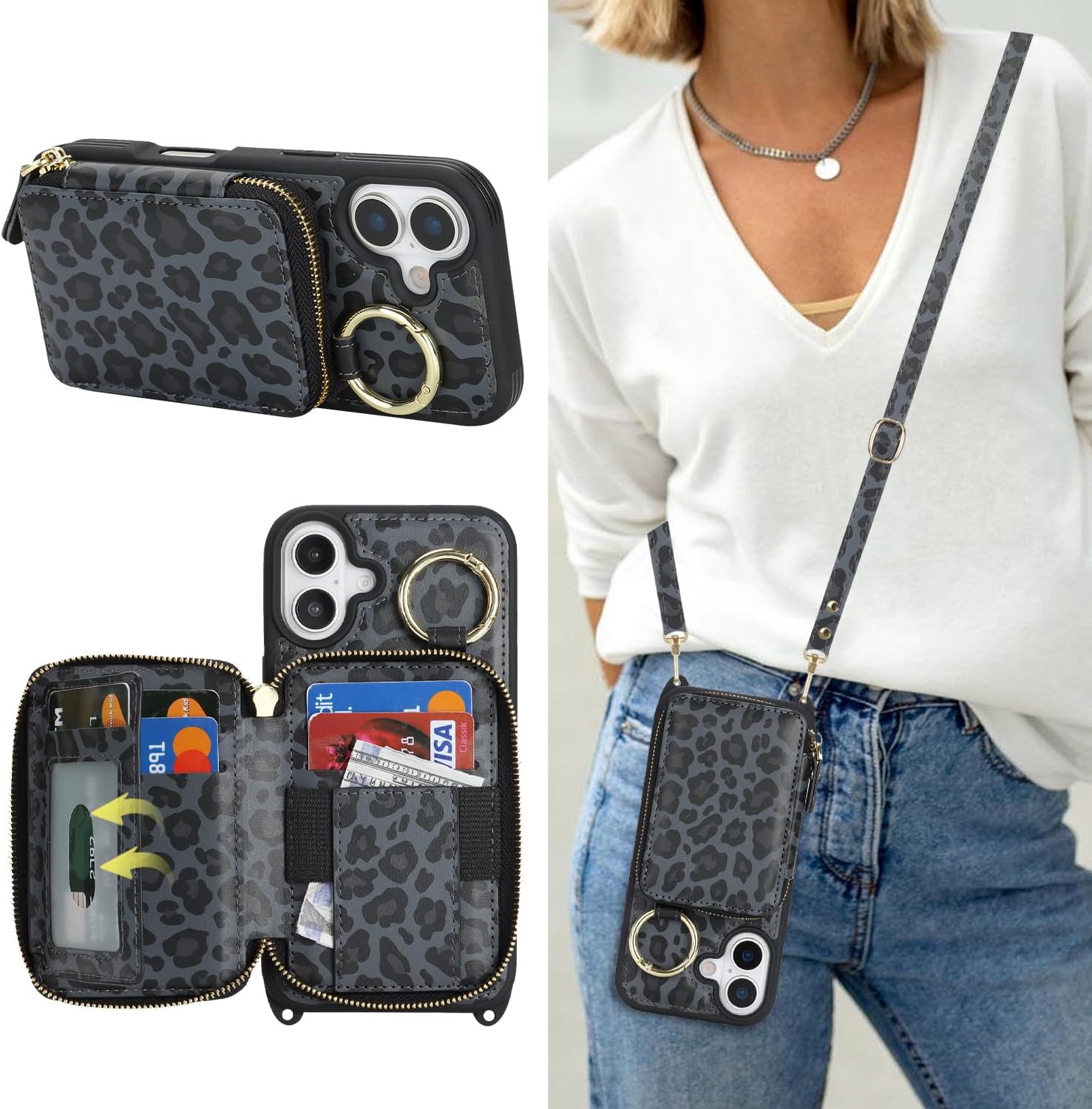 Crossbody Wallet Case for iPhone 16 Plus, PU Leather Zipper Handbag Purse Flip Cover, Kickstand Folio Case with Card Slots Holder Wrist Strap Lanyard 5G 6.7 Inch-Black Leopard