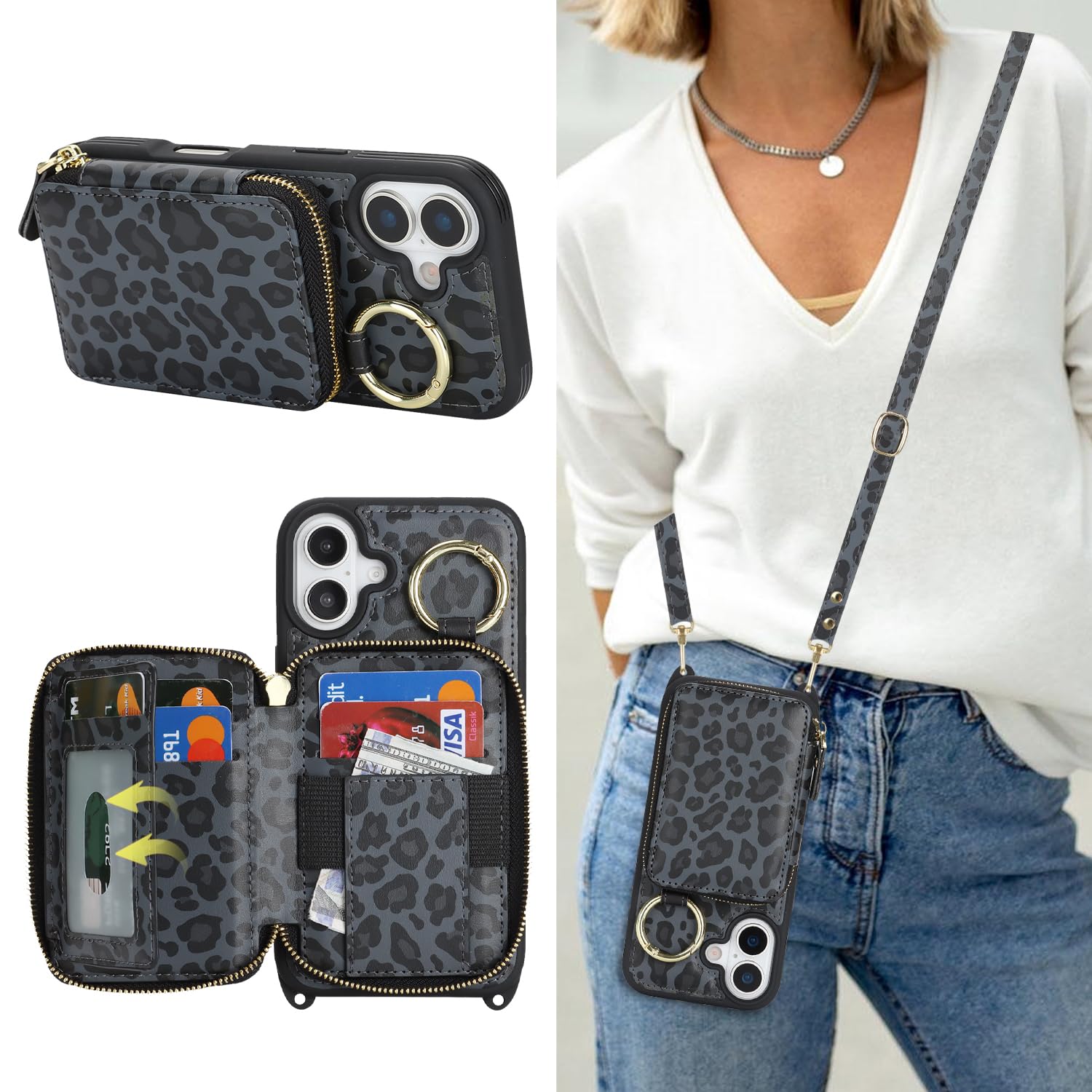 Crossbody Wallet Case for iPhone 16 Plus-Black Leopard