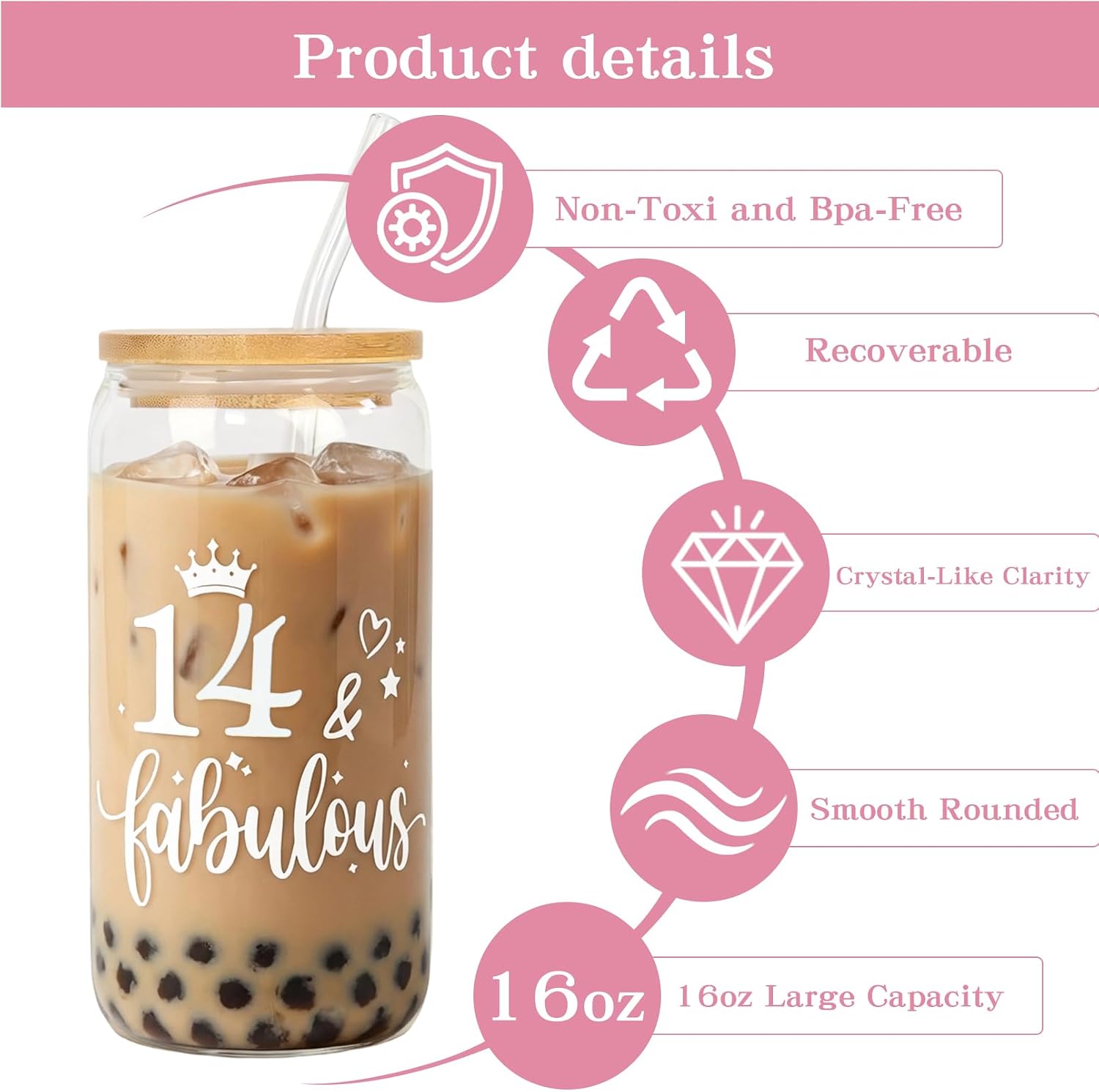 14th Birthday Gifts for Girls 16oz Glass Cup with Lid & Straw