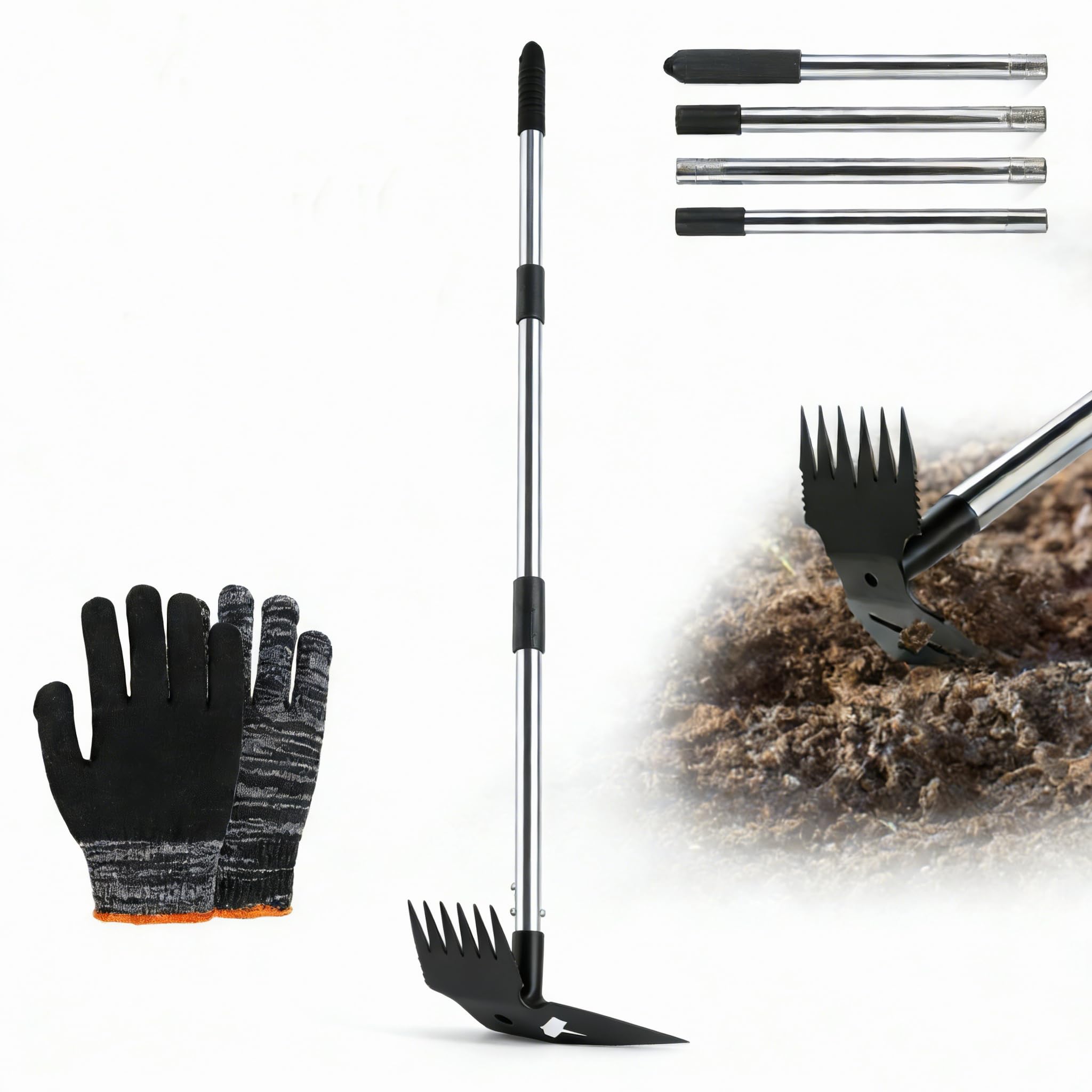 Azuela y Horquilla de Jardineria 2 En 1 Cultivador Azada de Jardin para Deshierbe Con Mango Largo Ajustable 40~148cm - Cabeza de Acero - Herramientas de Jardinería para Huerto y Plantar en Casa
