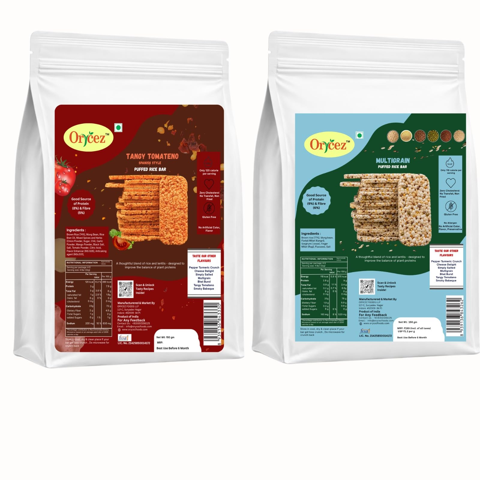 Orycez Puffed Rice Bar Combo Pack Tangy Tomateno + Multigrain High Protein & Fibre Non-Fried Gluten Free No Preservatives 150g x 2 (300g)-image-20