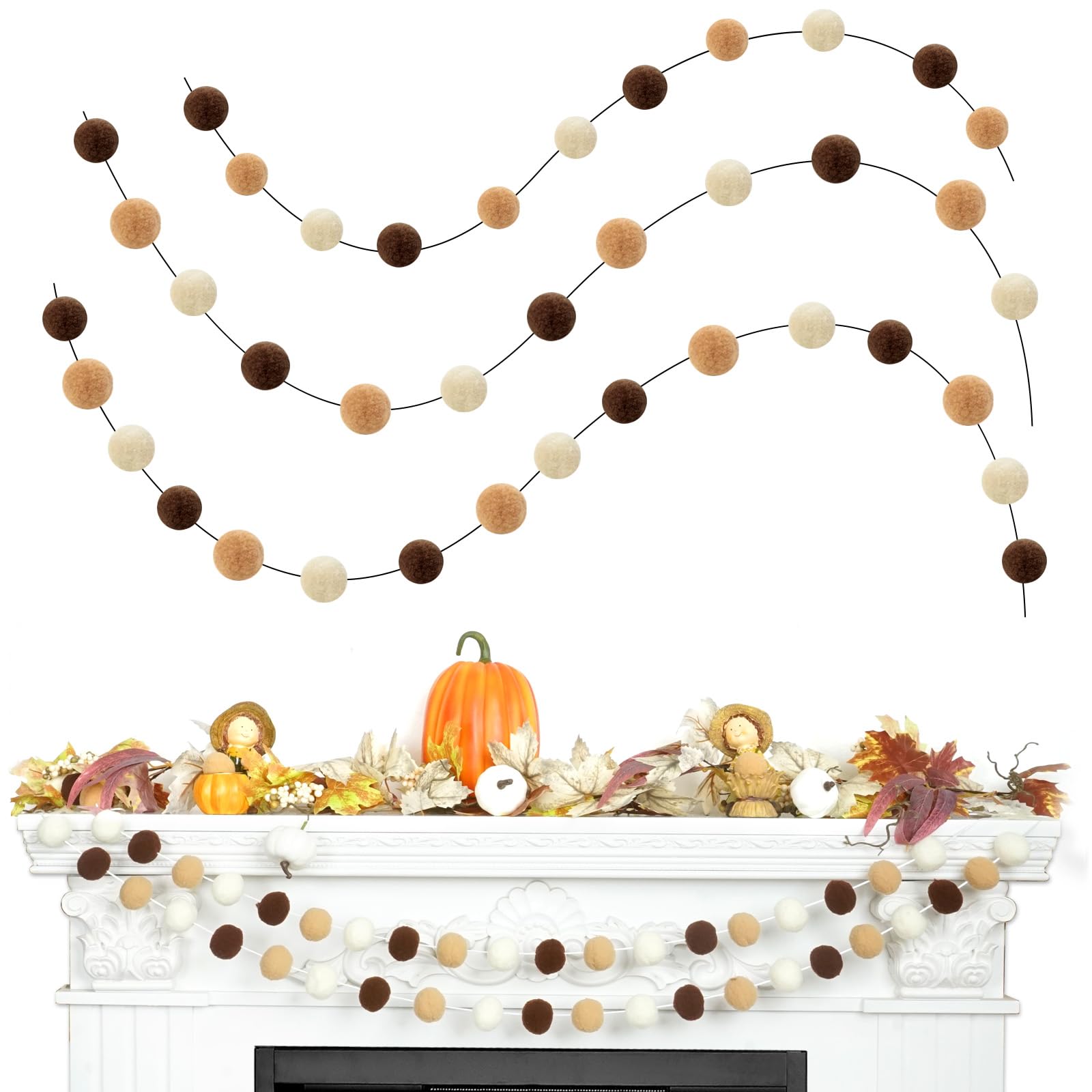 3pk Pom Pom Garland 20FT Colorful Large Felt Ball Garland for Mantle,Indoor Holiday Wedding Birthday Party Supplies(White Brown)