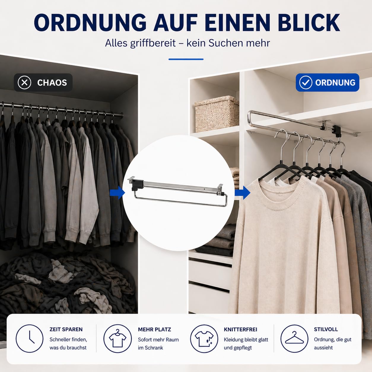 Ausziehbare Kleiderstange - Kleiderbügelhalter Ausziehbar aus Metall - Schrankstange Verstellbar für Platzersparnis und bessere Zugänglichkeit