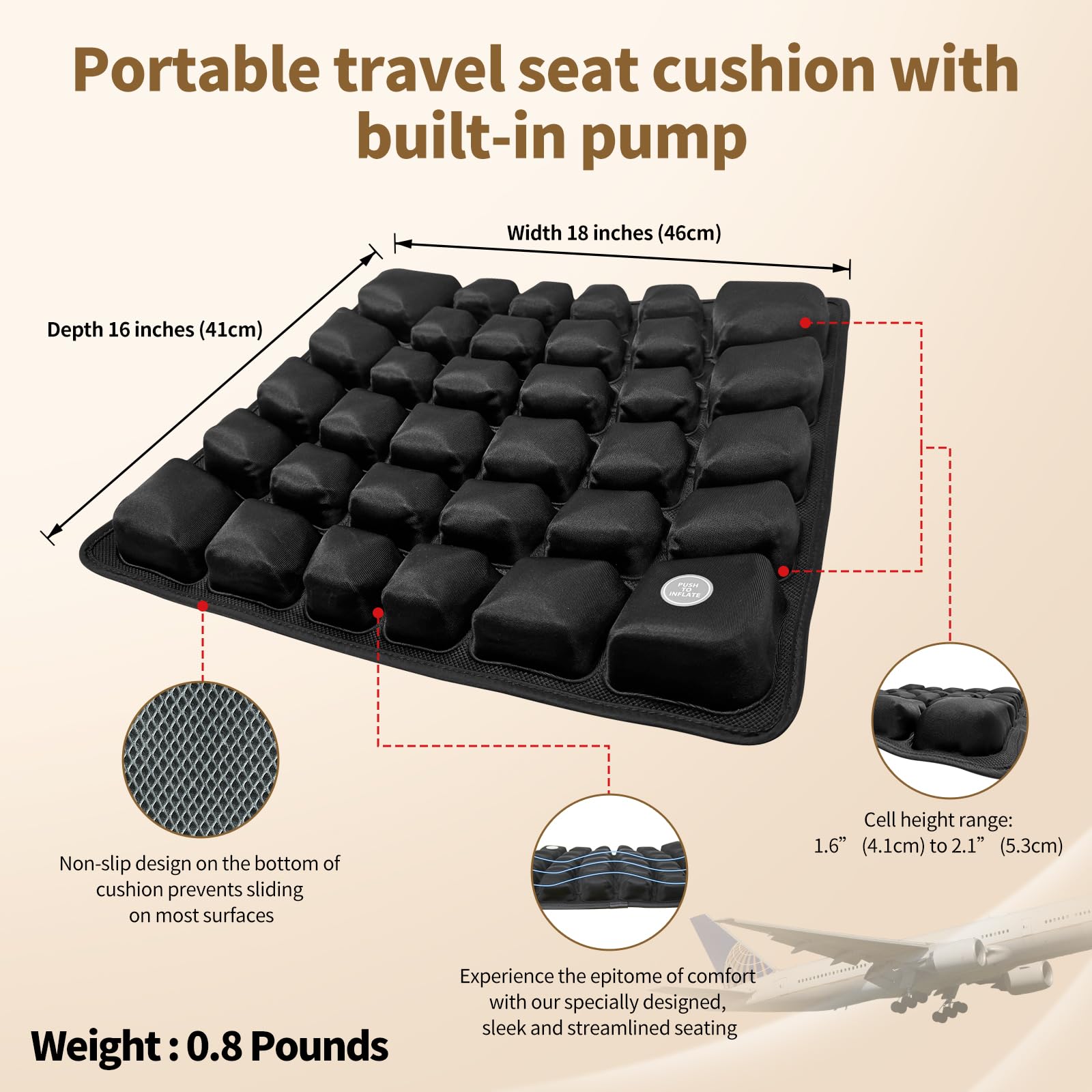 Cojín Inflable para Asiento de Viaje con Bomba integrada, portátil y Ajustable para avión, Coche, Tren, camión, Oficina, hogar, Alivio del Dolor de coxis, ciática, coxis, 46 x 41 x 5,3 cm