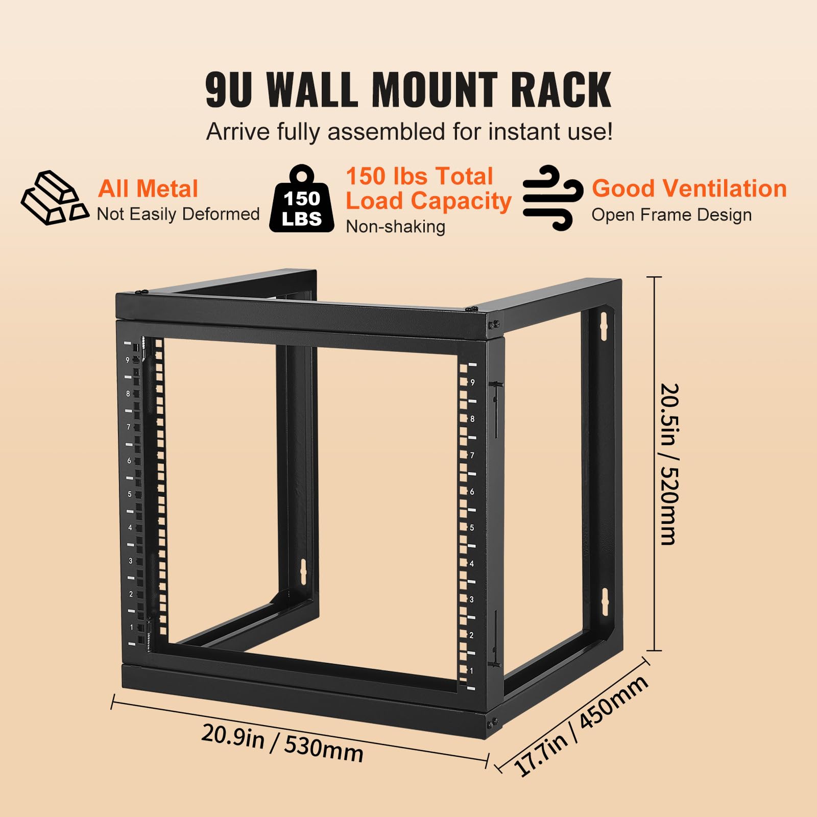 NavePoint 9U Server Rack met kantelpoort, wandhouder voor 48,3 cm IT-apparaten, open frame, netwerkrek voor AV- en serverapparatuur, 45,7 cm diep, zwart