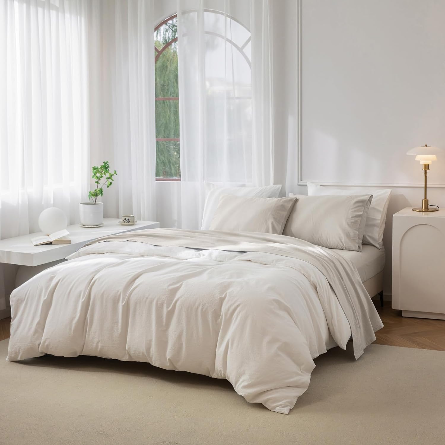 JIYUAN 100% Washed Cotton Sheet Set 4 Pieces King,1 Fitted Sheet,1 Flat Sheet and 2 Pillowcases,Comfy and Breathable Linen Like Bedding Set,Heathered Cream Grey - Image 2