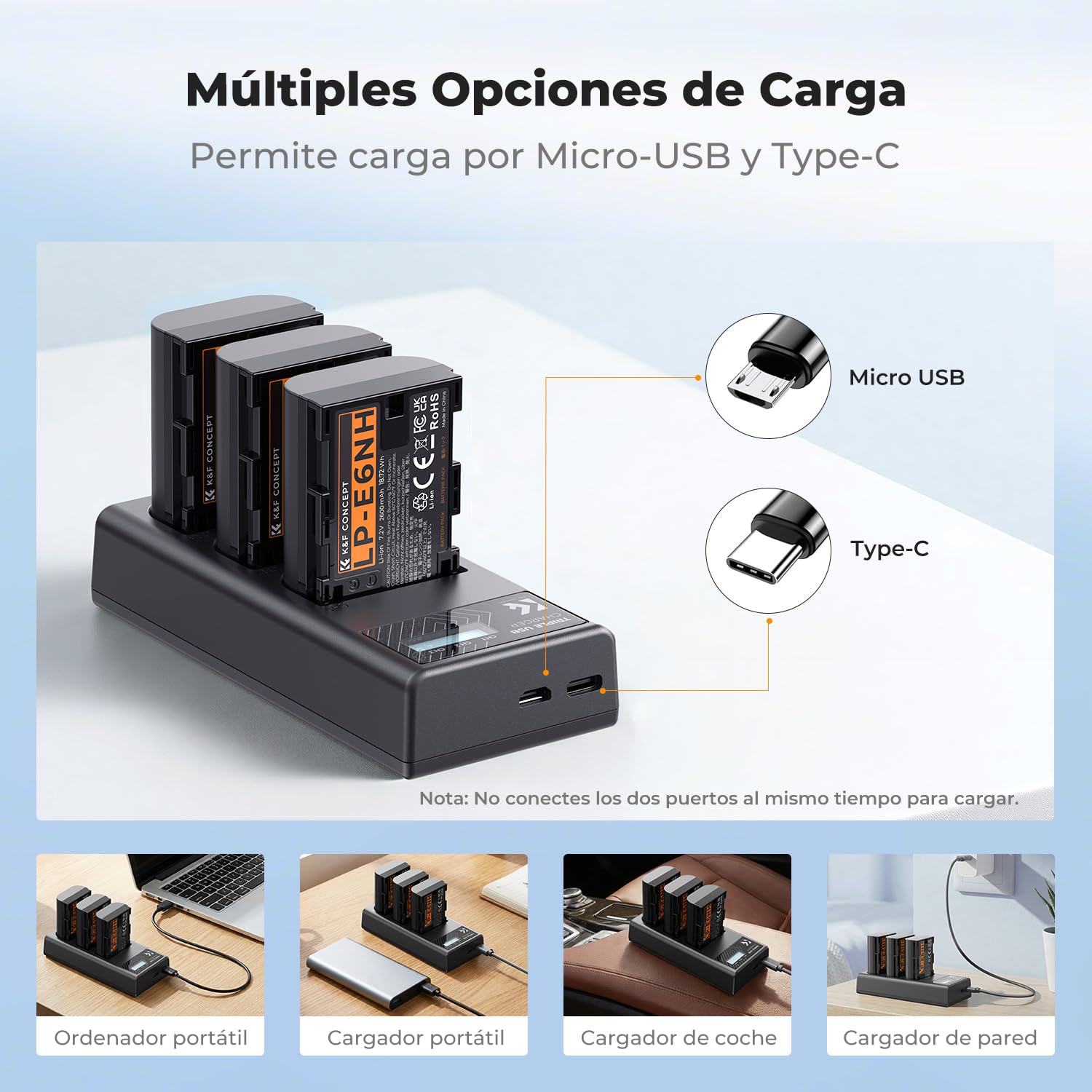 K&F CONCEPT LP-E6NH 3 Pack 2600mAh Batería y Cargador de 3 Ranuras Compatible con Canon EOS R7, R6, R5, 5D Mark II/III/IV, 6D, 6D Mark II, 7D II, 90D, 80D y 70D