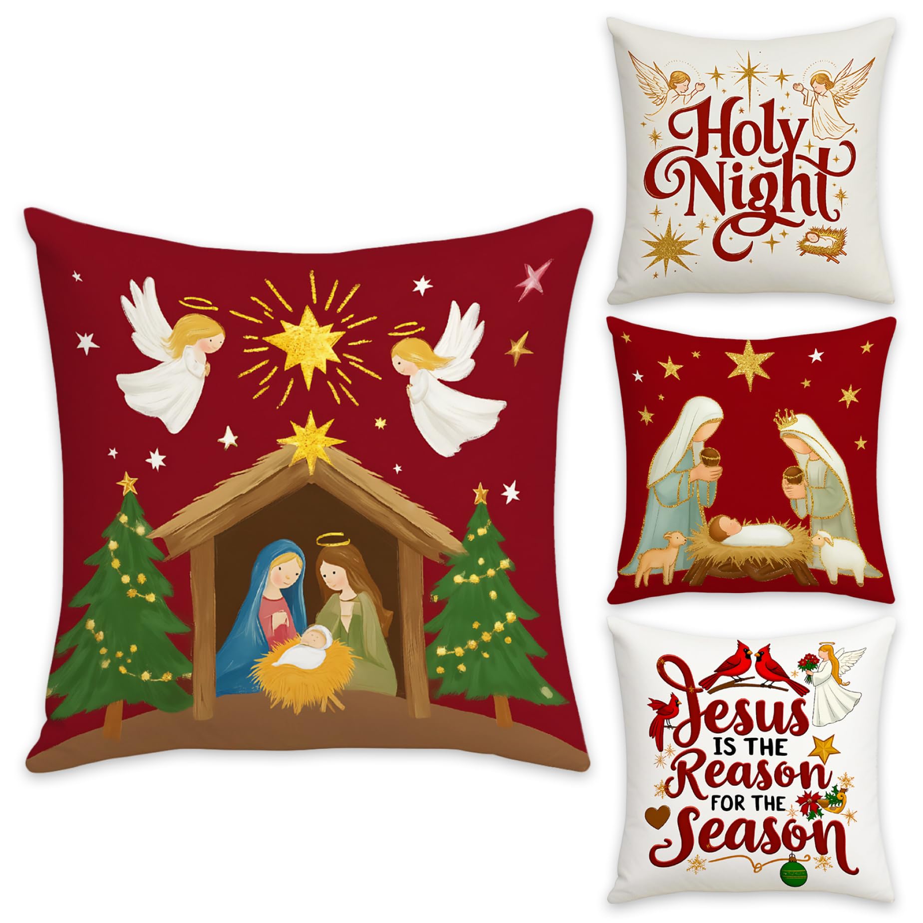 Housses de coussin de Noël crèche en coton lin lot de 4