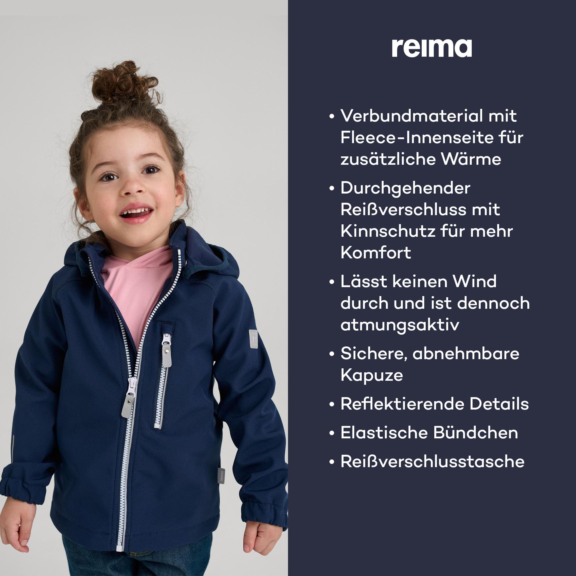 Reima Vantti Softshelljacke für Kinder - Wasserdichte Übergangsjacke für Kinder, atmungsaktiver Softshellmantel für Mädchen & Jungen mit abnehmbarer Kapuze & leicht bedienbarem Reißverschluss,