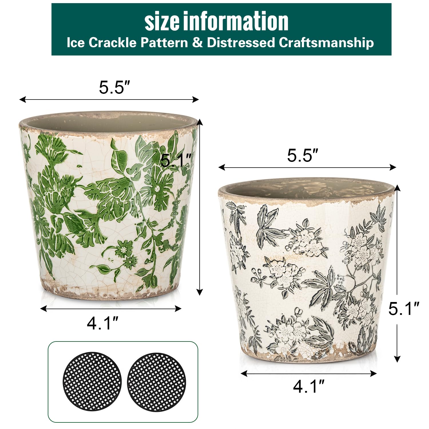 Sungmor Ceramiczne doniczki w stylu vintage, zestaw 2 pięknych doniczek ceramicznych z pękniętą lodem, 14 cm, doniczki do ziół z otworem drenażowym, toskańskie doniczki do użytku wewnątrz i na