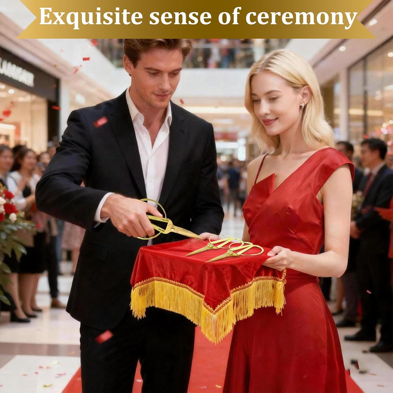 Multi-Person Grand Opening Ribbon Cutting Kit with All Gold Stainless Steel Scissors, Gold Rectangular Tray, Red Cover, Satin Ribbon and Bows For Both Hands (7 Pairs of Scissors - Golden Ribbon)