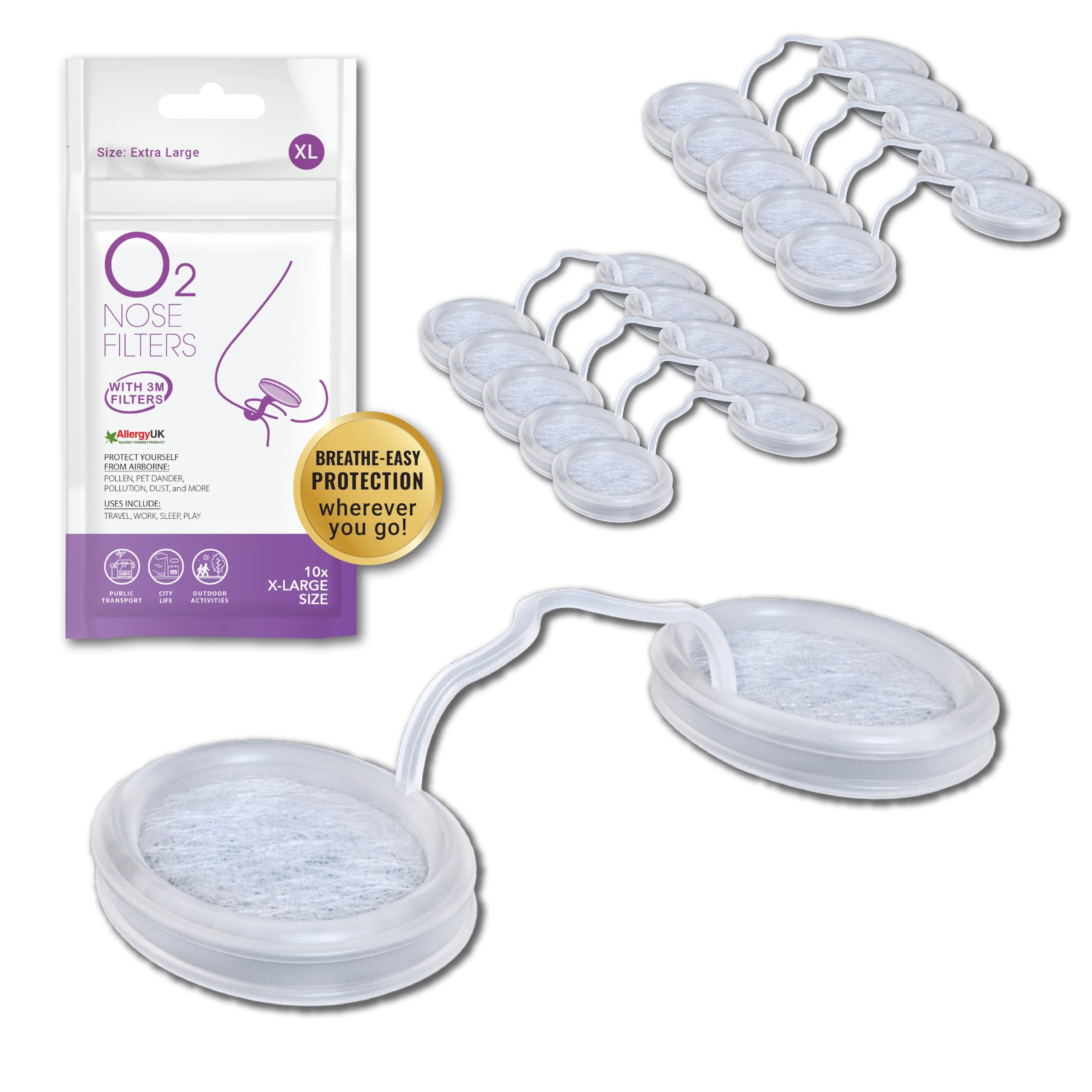 O2 Nose Filters with 3M Filtration - Nose Filters for Allergies - Nasal Filter for Allergies - Nostril Dust Mask, Smoke & Allergy Filter (Size X-Large, Pack of 10)