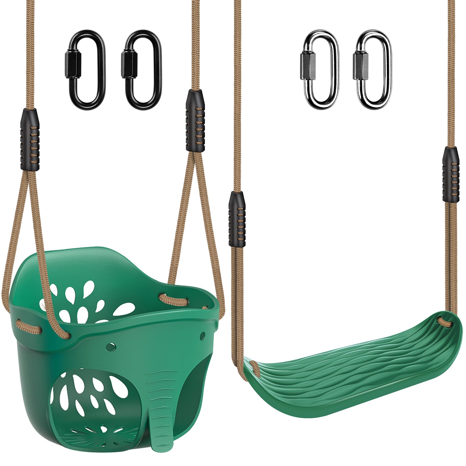 BeneLabel 2 asientos de columpio, cubo de plástico suave para niños, columpios para interiores y exteriores, árbol para niños, tabla de columpio dura con respaldo alto ajustable de 130 a 200 cm
