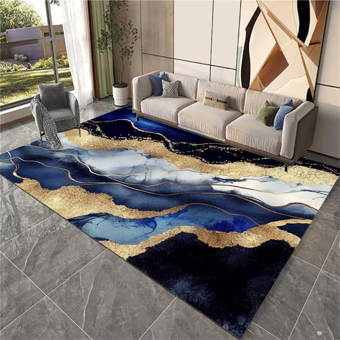Tapis entree lavable 140x300cm peinture encre bleue decoration jaune