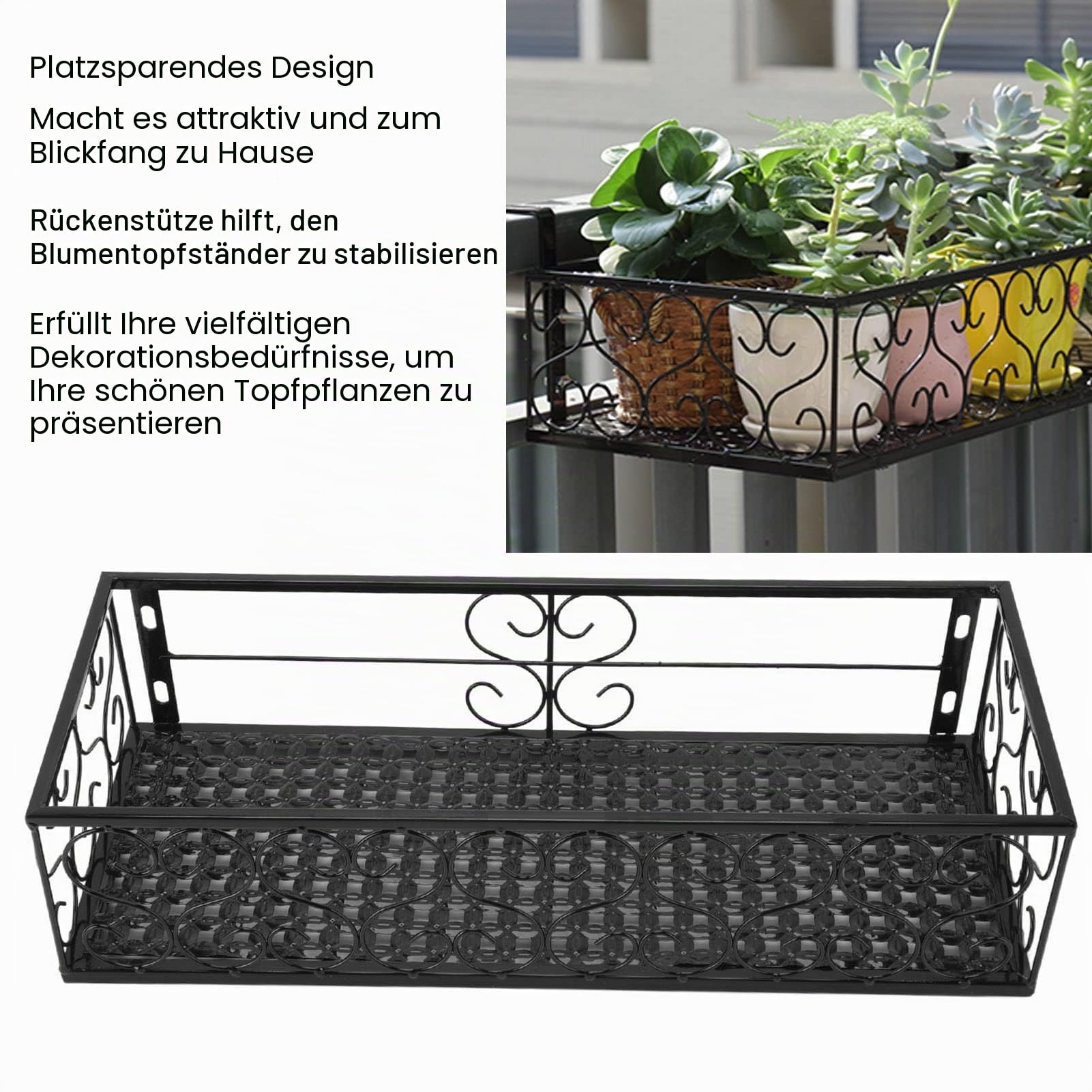 Blumentopfhalter Balkon 50 x 25 x 12 cm Rechteckigen Blumentöpfe zum Hängen Eisen Schwarzer Blumentopf Halter mit Haken, Geländer Pflanzgefäße Blumentopf für Terrasse, Garten (für 6,5cm Railing)