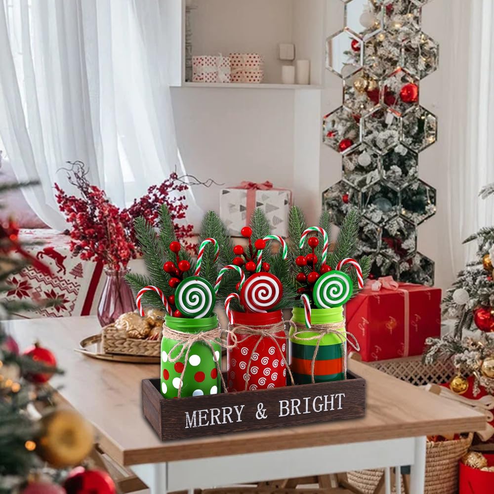 DIYDEC Christmas Mason Jars 3 * 5Inch Xmas Centerpieces for Tables Decorative Jars with Wood Tray & Artificial Pine Branches Bottles for Winter Holiday Home Farmhouse Indoor Table Decor Gift (Green)