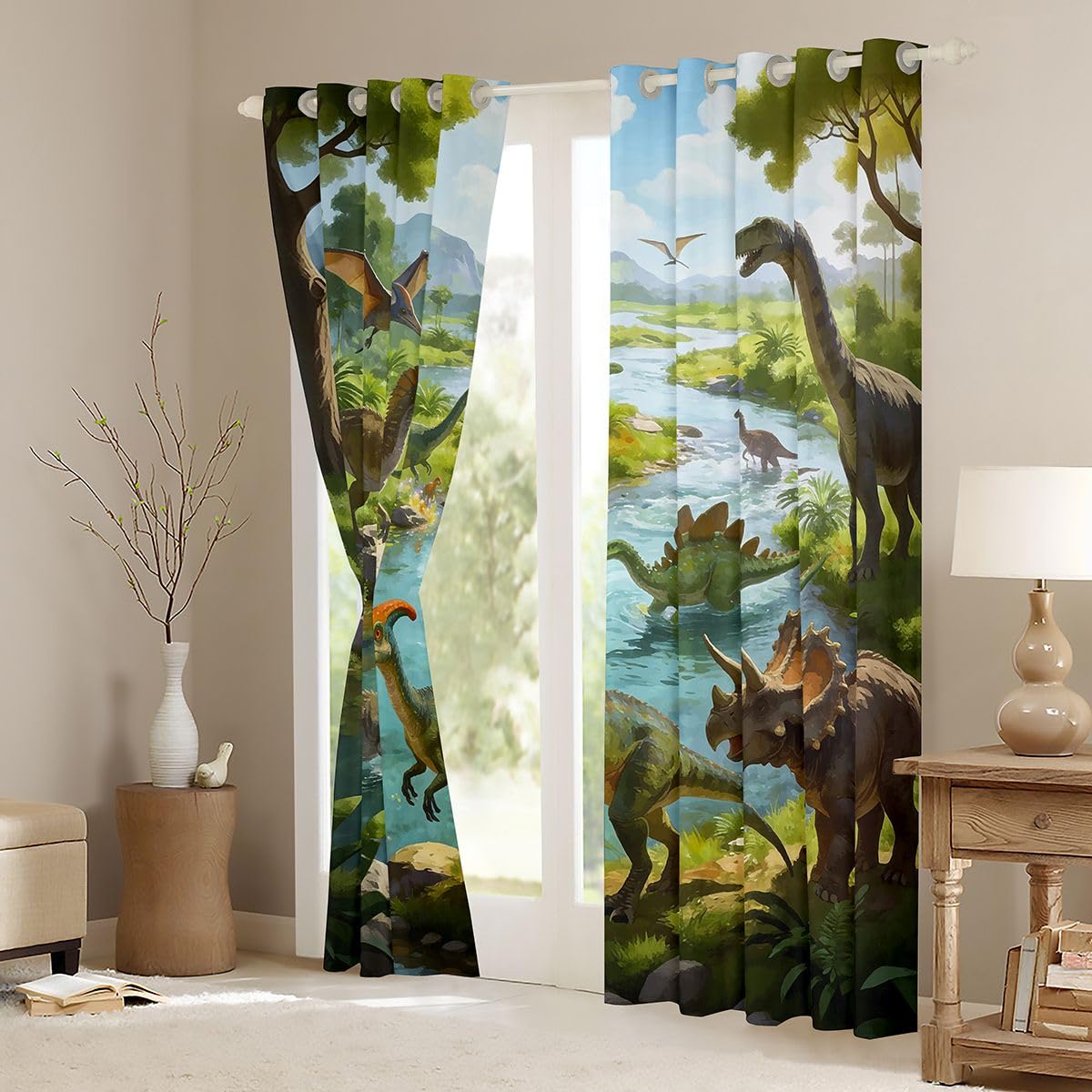 Manfei Rideaux de fenêtre pour enfants, thème animaux de la jungle, décoration de chambre à coucher, salle de jeux, rideaux de fenêtre dinosaures anciens, bleu vert, 2 panneaux, 117 x 137 cm (l x L)