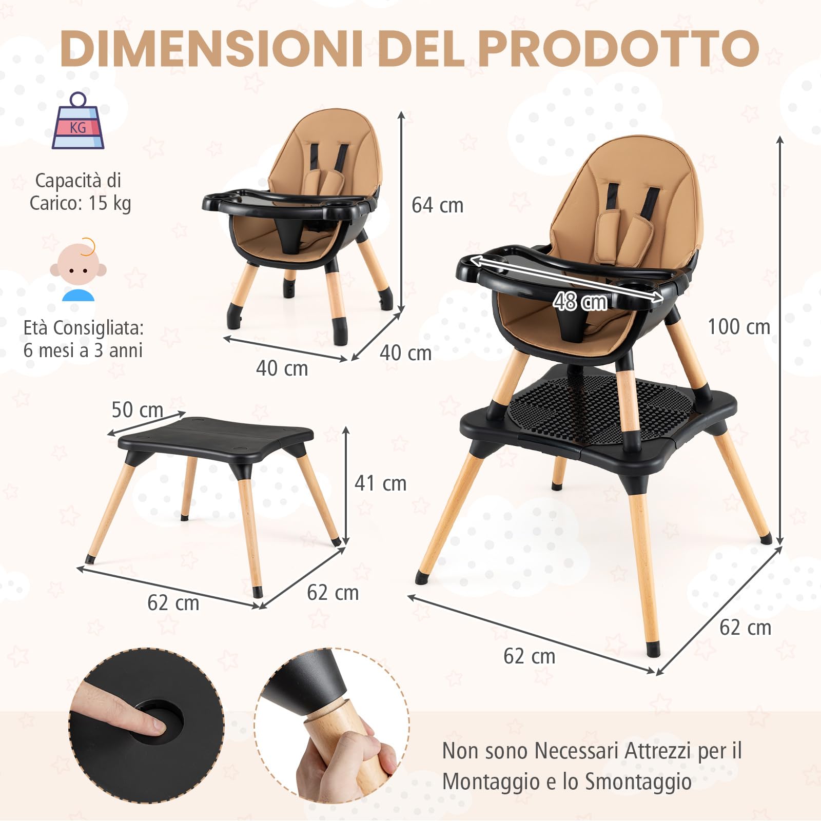RELAX4LIFE 4 in 1 Seggiolone Pappa, Seggiolone Evolutivo con Vassoio Rimovibile e Cintura di Sicurezza, Altezza Regolabile in 4 Posizioni, per Bambini e Neonati 6-36 Mesi (Standard, Mocha)