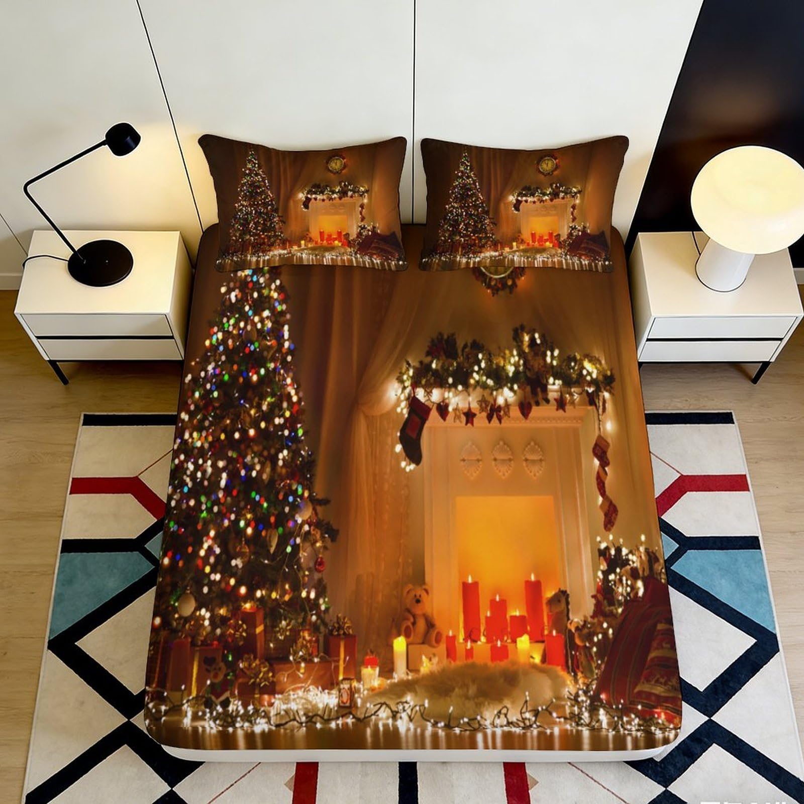 3D Printed Christmas Tree Fitted Sheet Microfiber Soft Festive Fireplace Bed Cover for Bedroom Guest Room Decor 90x200x25cm