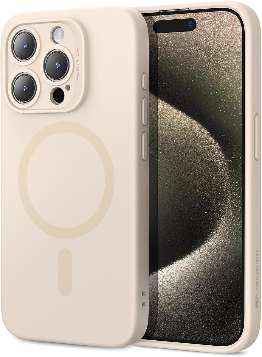 ESR Funda para iPhone 14 Pro con MagSafe, soporta carga magnética, funda de silicona suave y delgada, a prueba de golpes, protección de pantalla completa y cámara, forro de microfibra suave, color marrón claro