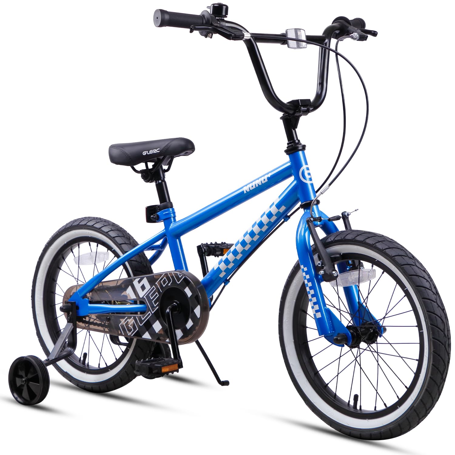 Glerc NuNu 16 Inch Kids Boys Bike BMX Style for 4 5 6 7 8 Years Old, Children Bicycles with Dual Handbrakes, Stabilisers & Kickstand & Adjustable Handlebar/Saddle, Blue