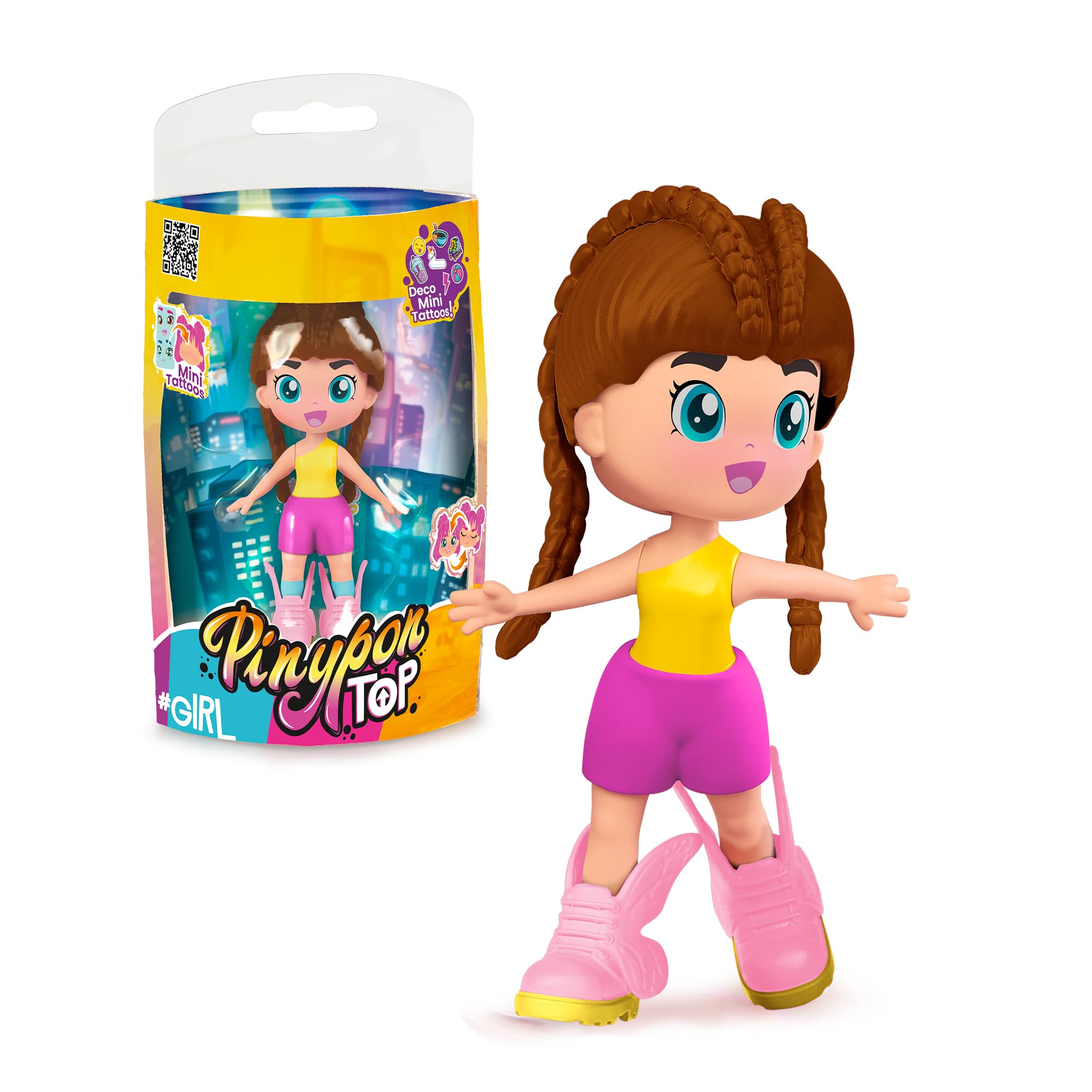 Pinypon TOP Girls Brunette, Chica TOP Morena con Outfit de Street Style, Figura de 11 cm Articulada de Brazos y Piernas, Doble Cara y Ropa y Zapatos Intercambiables, +4 años, Famosa (PNN00200)