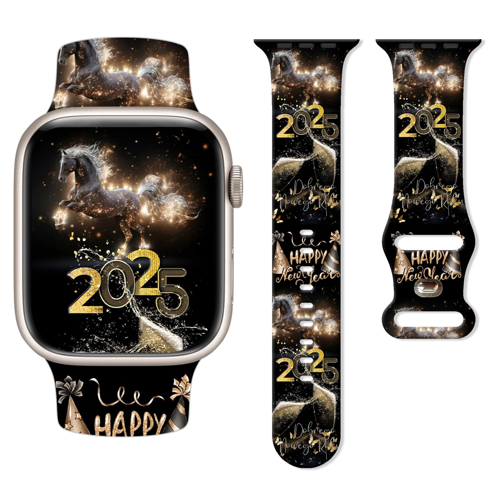 Chic Breathable Happy New Year Pattern Bands Compatible with Apple Watch 38mm 40mm 41mm 42mm 44mm 45mm 46mm 49mm, Adjustable Soft Silicone Sports