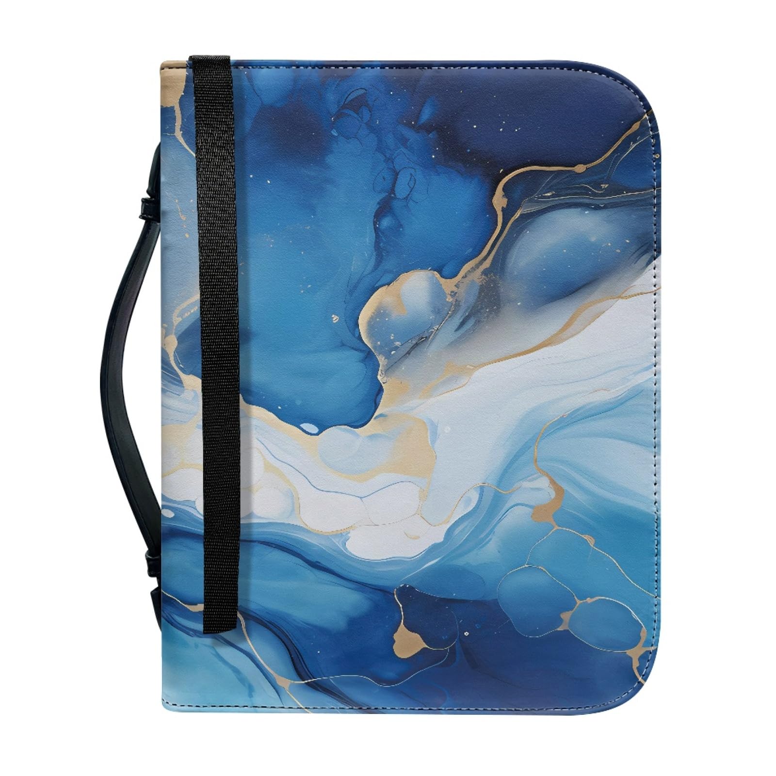 ENEN Bible Cover Tote Bag, 3D Marble Print Bible Bag Bible Cover Case Waterproof PU Leather Large Bible Case/Bible Book Cover with Handle, Zip & Pen Storage (Dark Blue,28.5x20.3cm)
