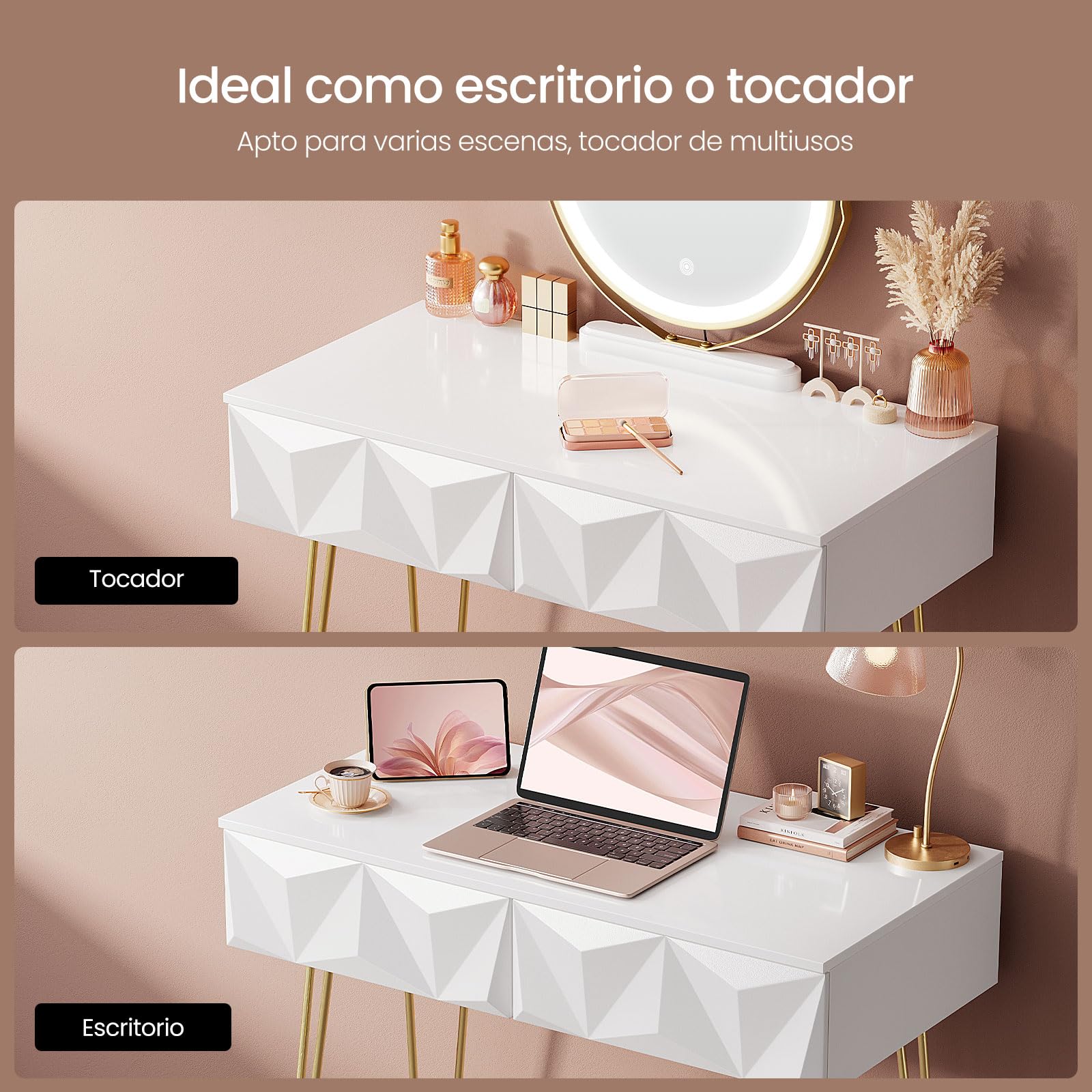 EUGAD Tocador de Maquillaje con Luz y Taburete, Conjunto de Tocador con Espejo con Silla Terciopelo, con 2 Cajones, Blanco + Dorado, 0056SZT