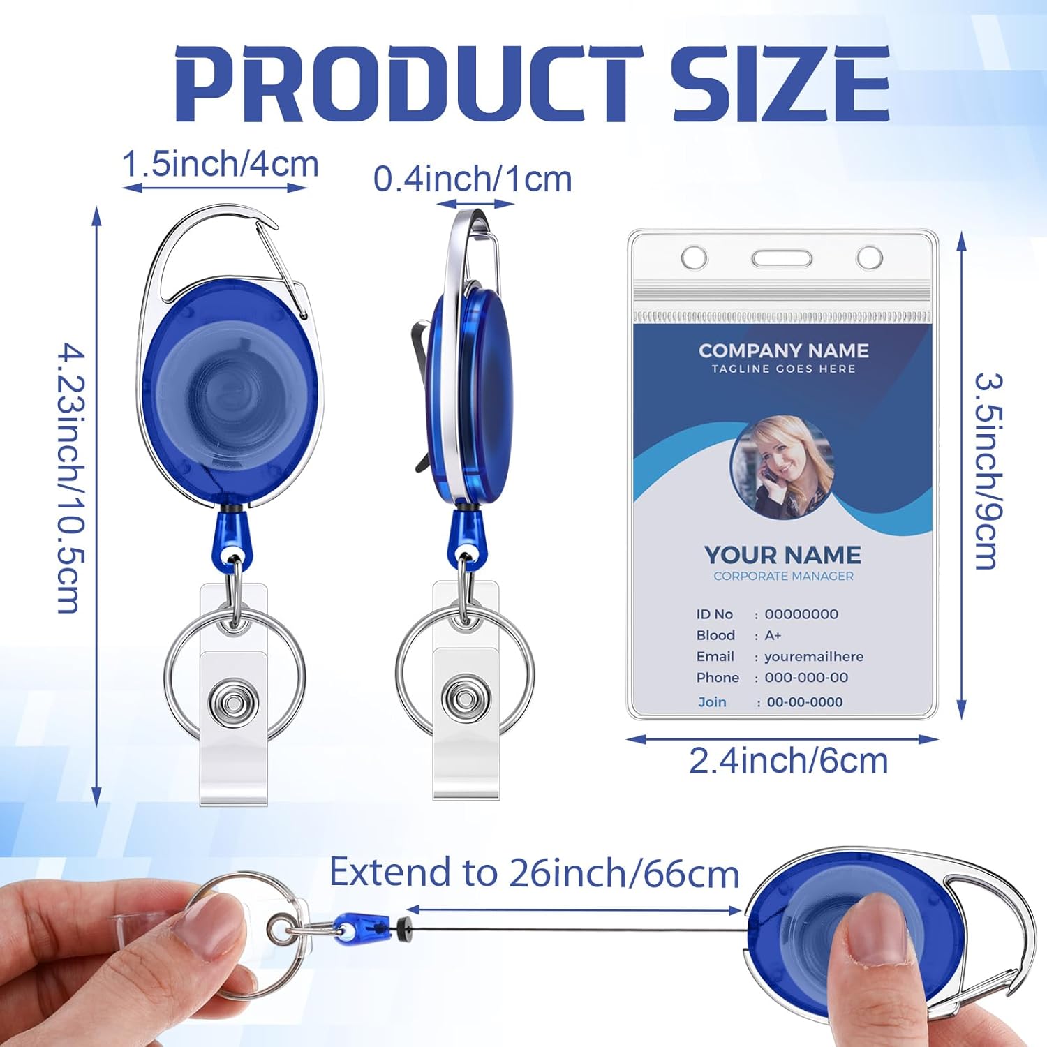 Laumoi 60 Pack Heavy Duty Retractable Badge Holder Reel with Belt Clip Keyring and Waterproof ID Card Holders for ID Name Card Keychain Badge (Vertical,Blue)