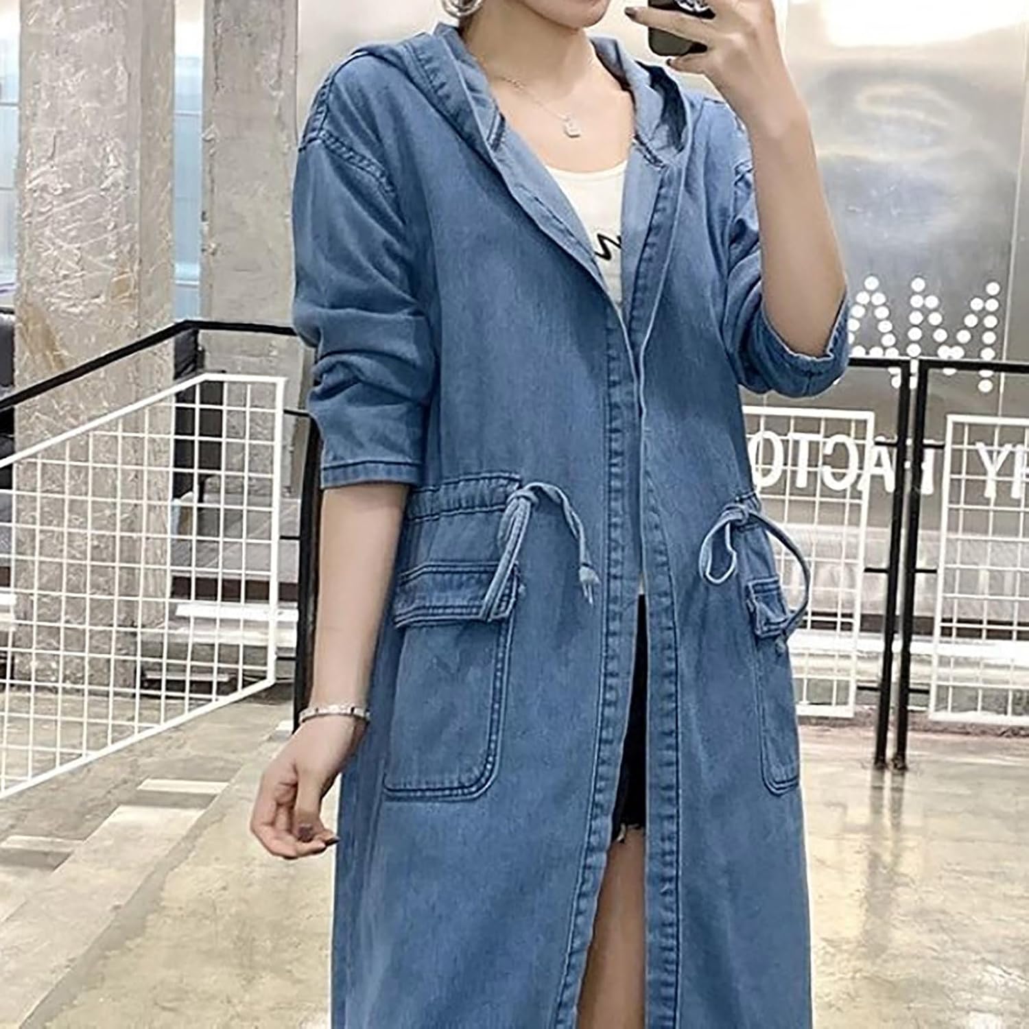 utcoco Womens Mid Long Hooded Jean Jacket Casual Loose Fit Drawstring Denim Jacket Hoodies Open Front Trench Coat - Image 9