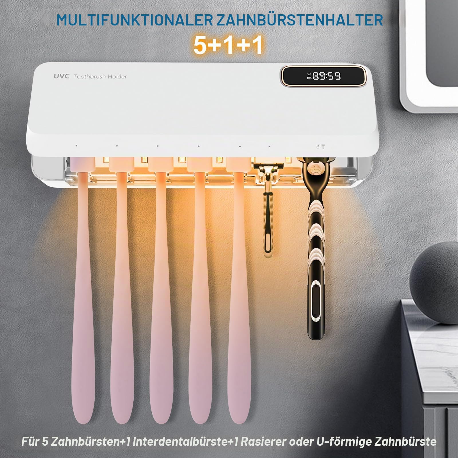 UV-Zahnbürstenhalter,Zahnbürsten-Desinfektionsmittel mit 5 Bürstenhalter und 1 Schlitze,Zahnbürste Sanitizer Halter,Wandmontage Zahnbürstenhalter Sterilisator mit Heizung und Lüftertrocknung (Weiß)