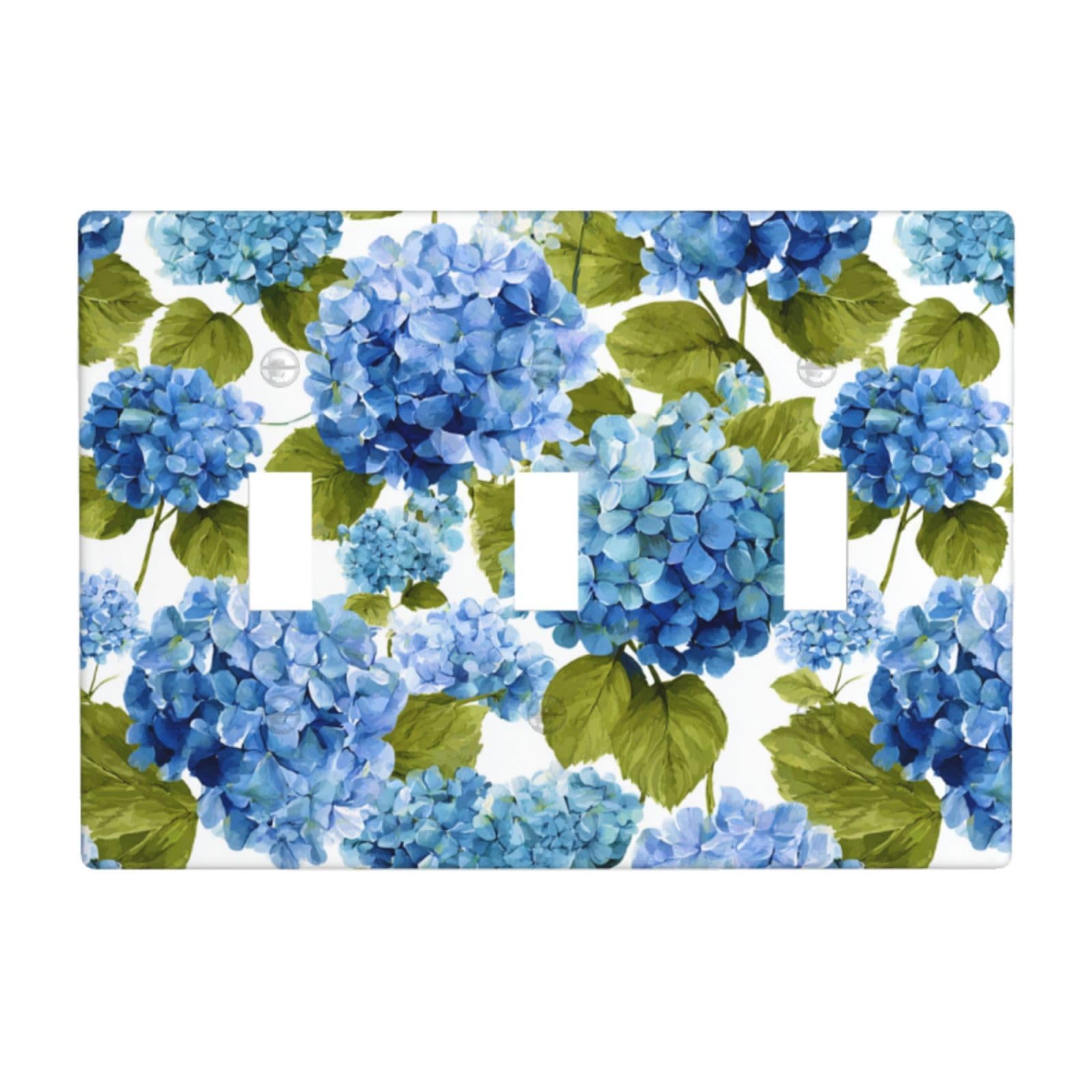 Woshuwo White Pattern Of Blue Hydrangeas Flower Light Switch Covers 3 Gang Triple Toggle Wall Plate Switchplate Electrical Faceplate For Bathroom Kitchen Bedroom Decor