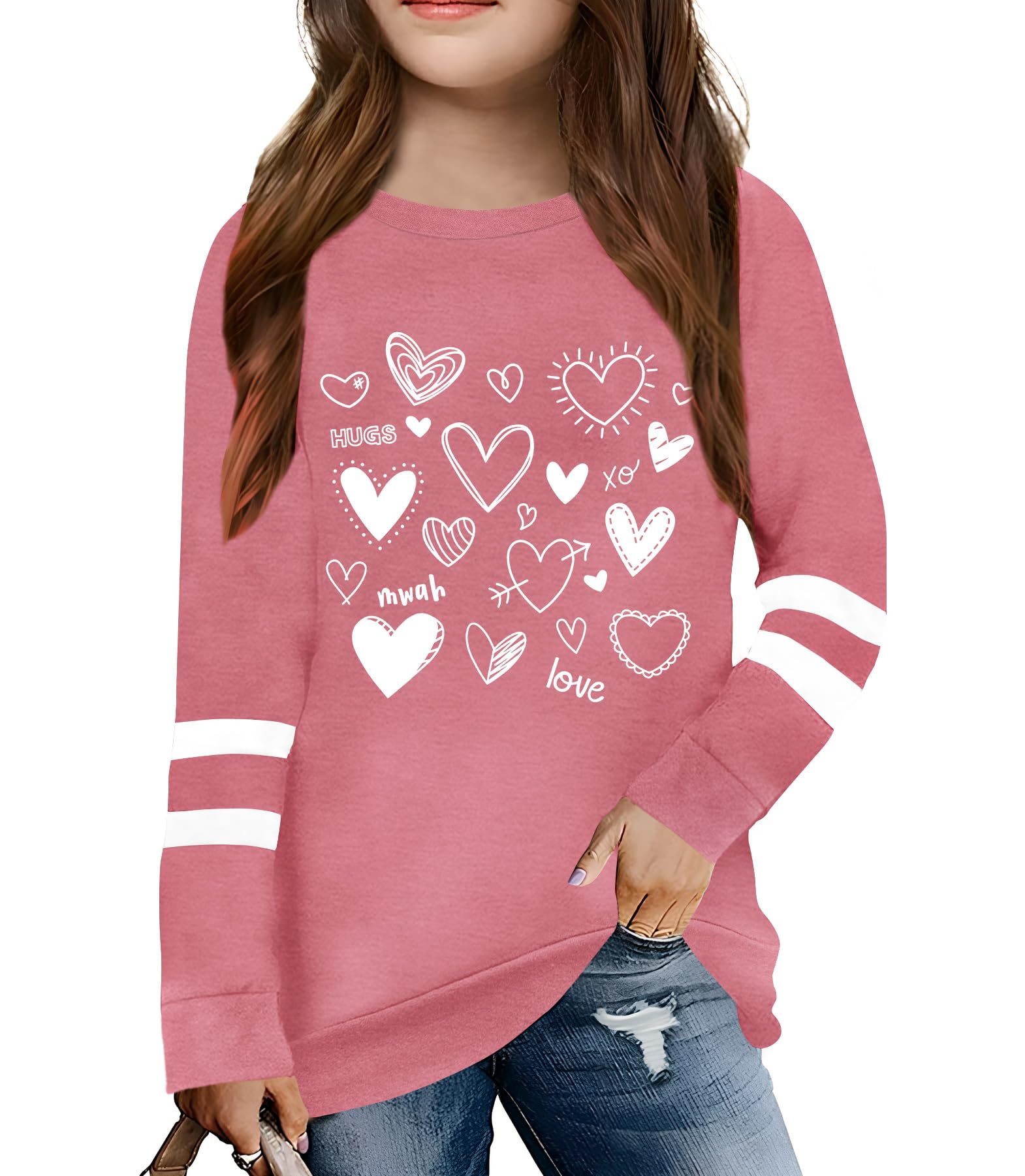 LAZYCHILD Kids Valentine Shirt Girls Valentines Day Shirts Heart Graphic Long Sleeve Striped Tee Tops 5-14 Years