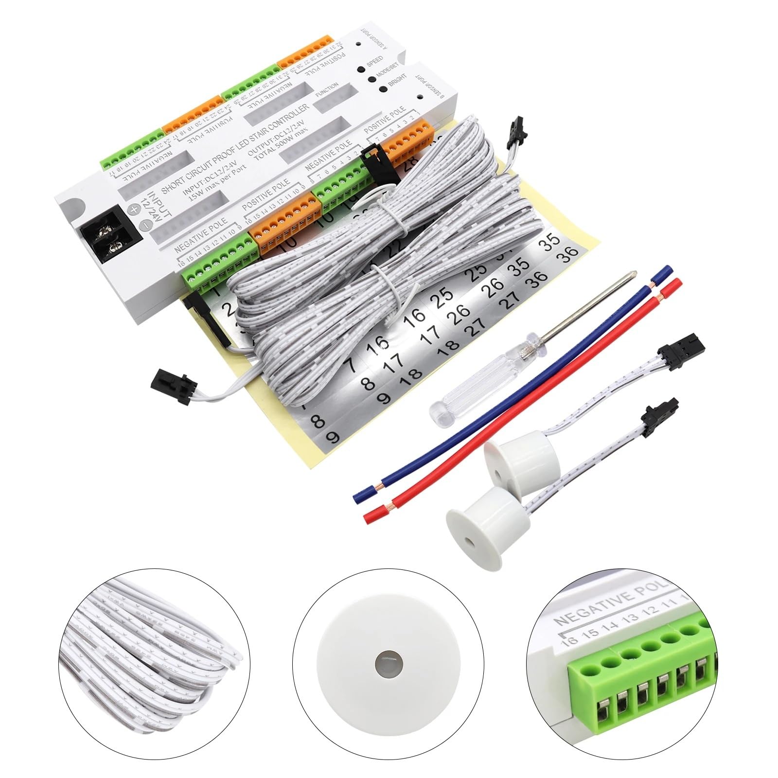 Controlador inteligente de Sensor movimiento PIR iluminación LED for escaleras interiores, luces paso, 32 escalones, tira COB alto brillo DIY(400W Power Supply)