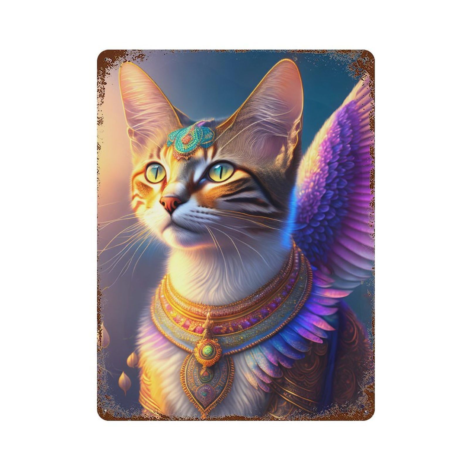 Decorative Tin Sign with Egyptian Goddess Cat Statue Design 15.7"x11.8", for Farmhouse, Kitchen And Entryway Decor, Decorative Metal Wall Art