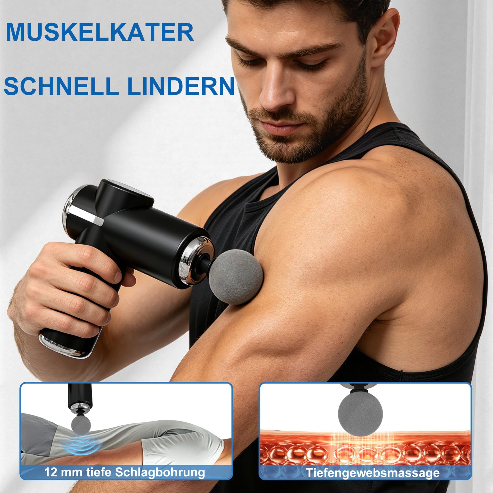 Tiefengewebe-Massagegerät, Muskelmassagegerät mit 6 Geschwindigkeitsstufen und 5 Massageköpfen, tragbares, leises Massagegerät zur Entspannung von Körper, Rücken und Schultern (Schwarz)