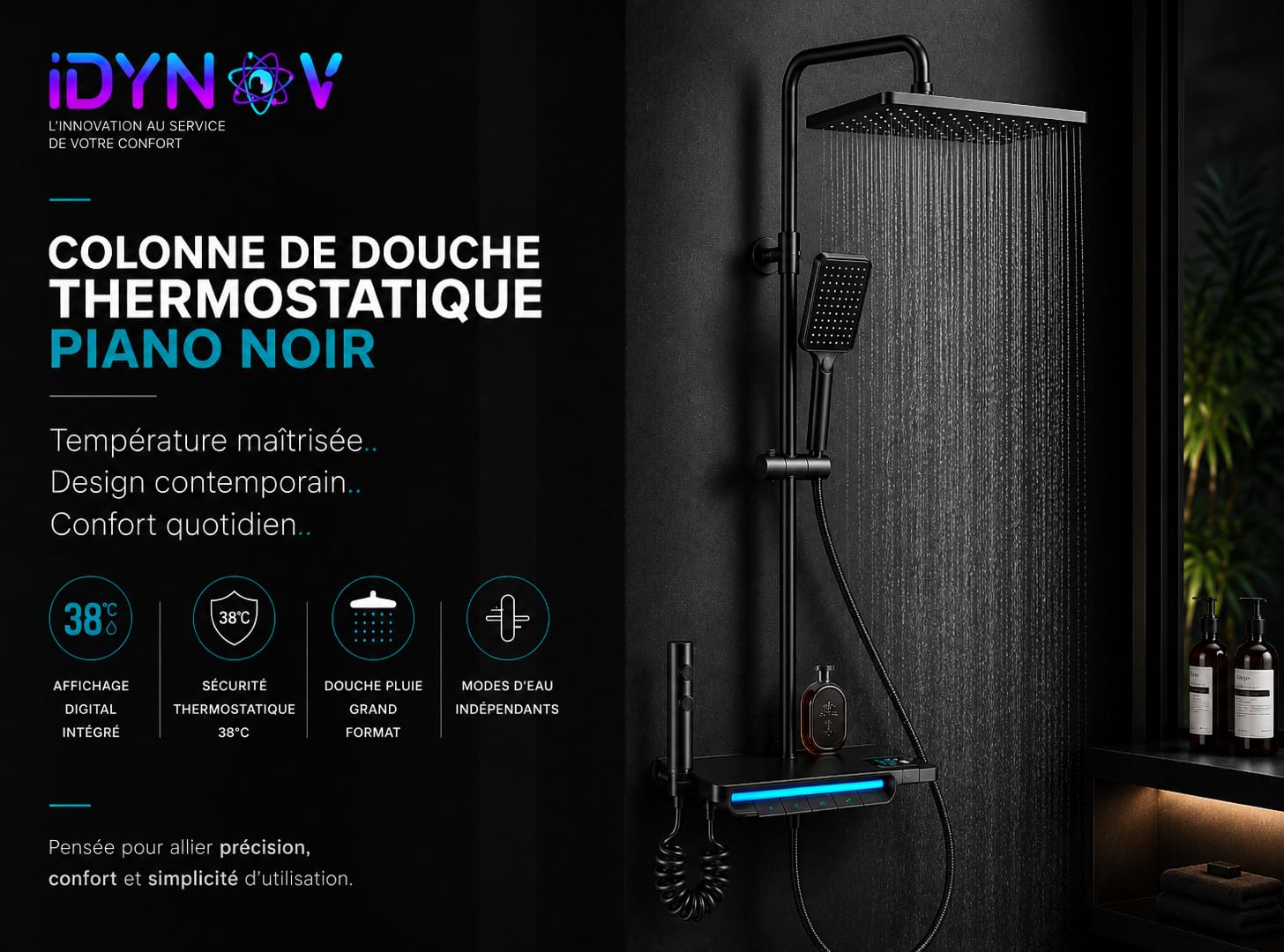 Colonne de Douche Thermostatique Noir 4 en 1 avec Mitigeur Mural | Design Piano, LED Température, Pommeau Pluie & Douchette, Robinet Inclus | Installation Facile pour Salle de Bain Moderne