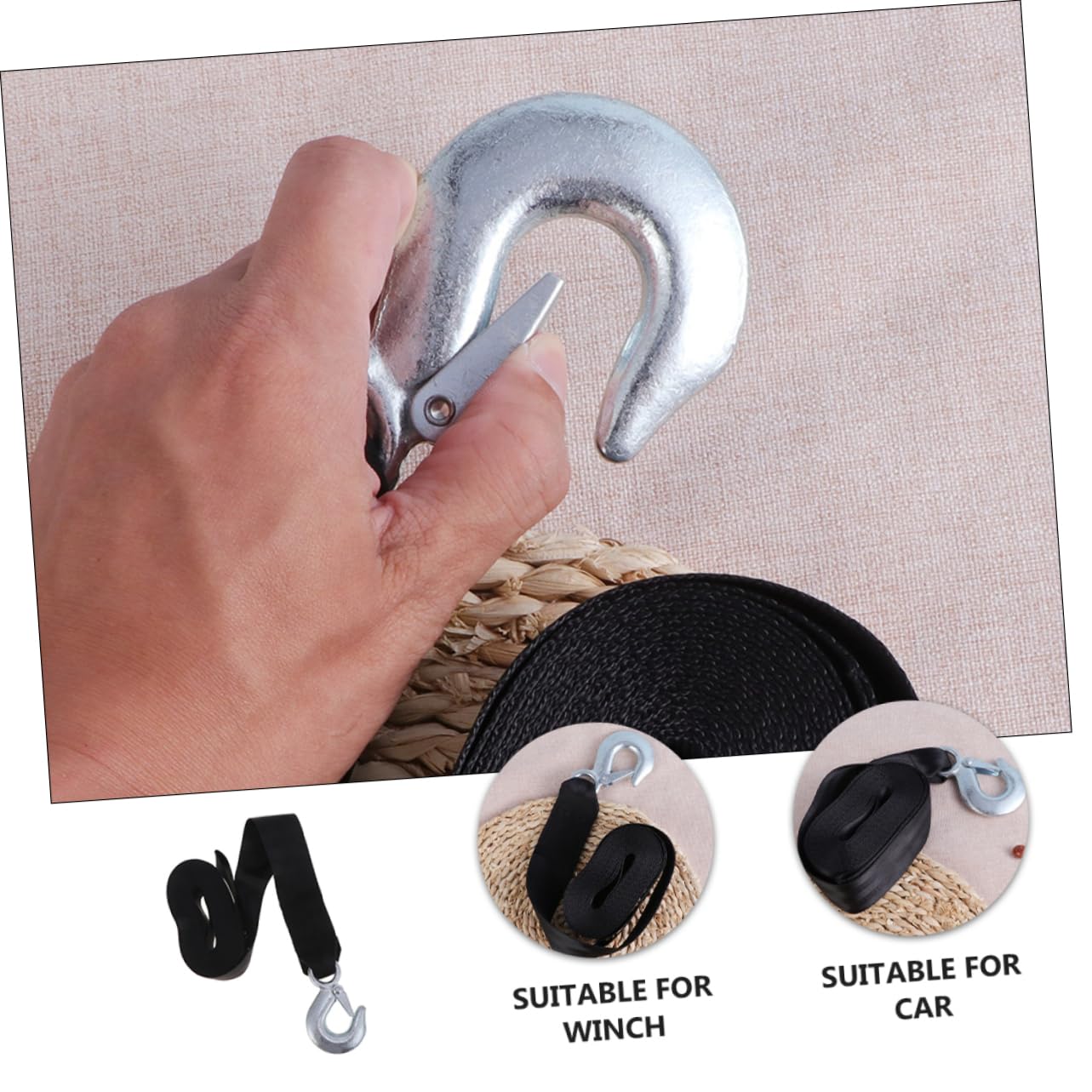 SOLUSTRE Cinghia per Verricello del Rimorchio Barca Nera in Poliestere con Gancio, Resistente 1,5 Ton, Larghezza 4,7 Cm, Portatile e Antivibrazione per Carrello Barca