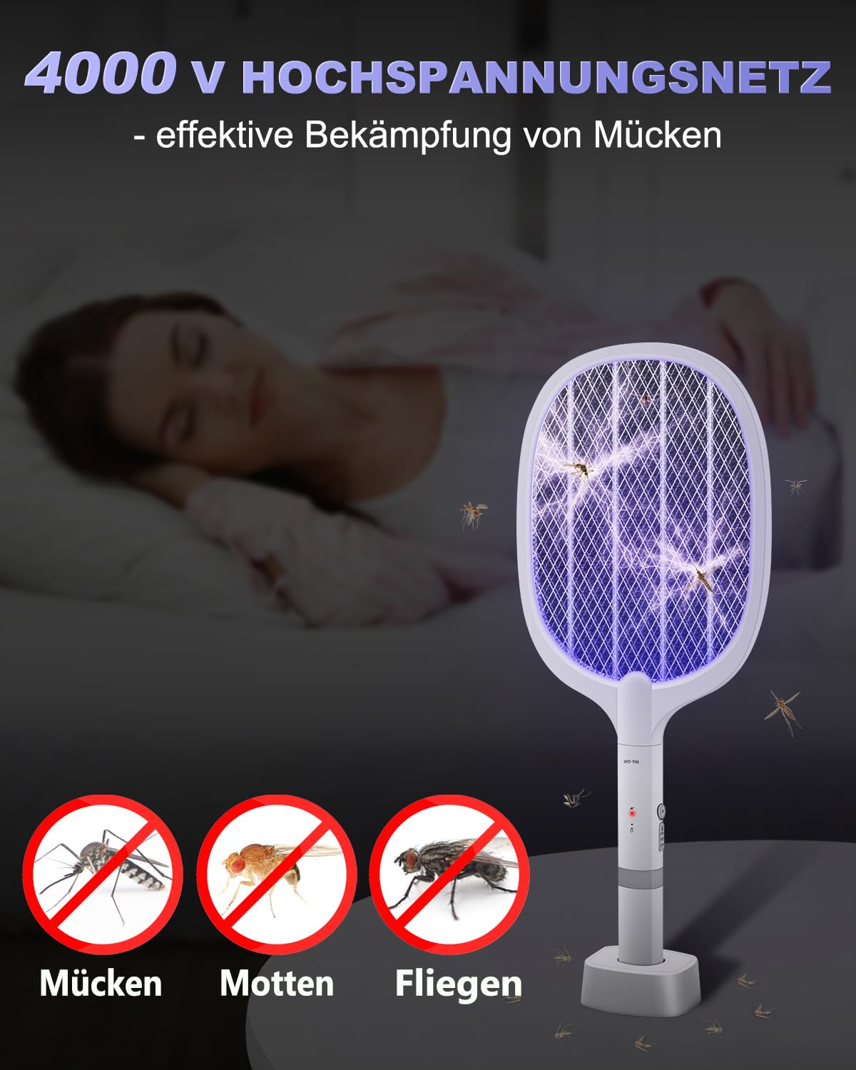Elektrische Fliegenklatsche 2 Stück, 4000V Insektenvernichter mit UV Mückenfalle, Elektro Fliegenfalle mit 1800 mAh Akku Aufladbar und Ladebasis, Fliegenfänger Stark für Mücken, Fliegen, Motten