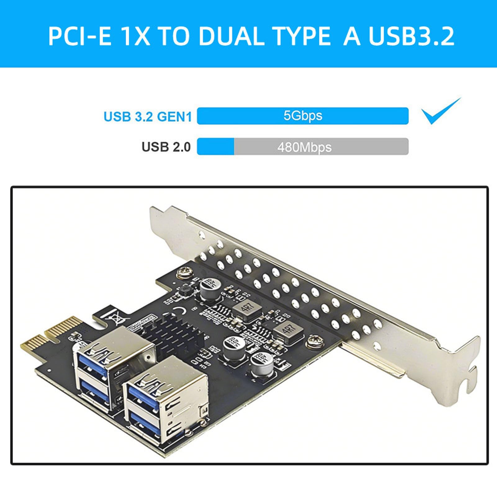 Denash PCI E 1x to 4 USB 3.0 Slot Adapter with 4 Ports PCIe Riser Adapter Board, Layer 5Gbps PCI E Expansion Card for Win, Systems