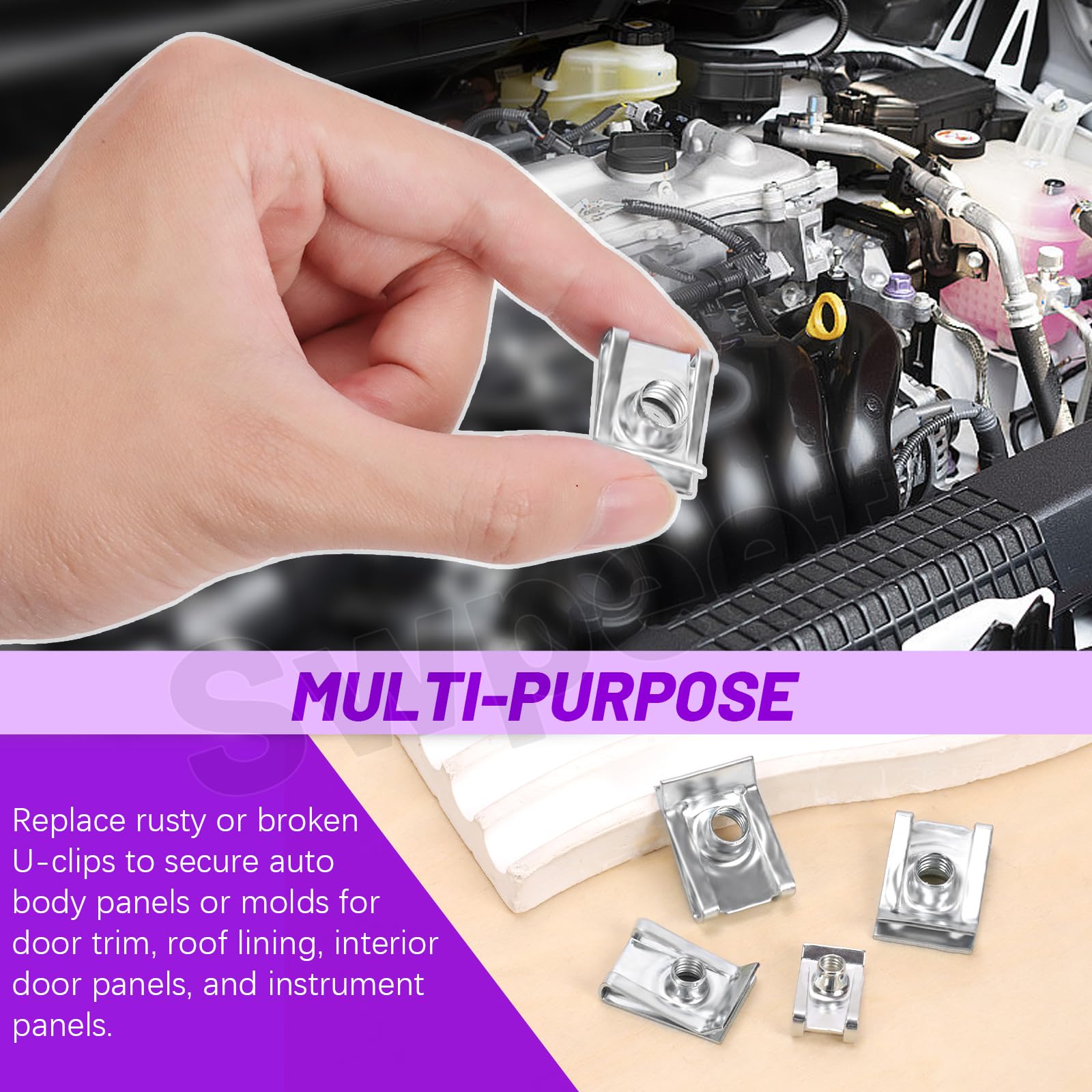 Swpeet Kit assortito di 50 clip a U per auto, in acciaio inox 304, M4, M5, M6, M8, dadi a U a forma di U, clip di fissaggio a molla per pannelli interni del cruscotto, compatibili con la maggior parte