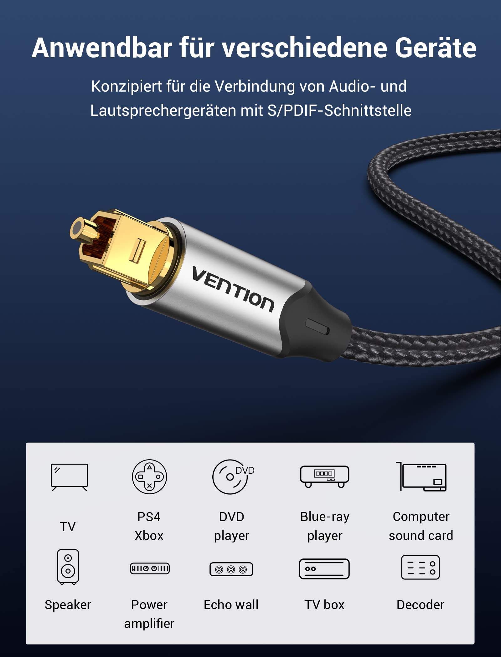 VENTION Kabel optyczny Toslink 1,5 m, optyczny cyfrowy kabel audio S/PDIF, pleciony, pozłacany, aluminiowa obudowa, kabel światłowodowy do soundbara, zestawu stereo, kina domowego, PS4, Xbox itp.