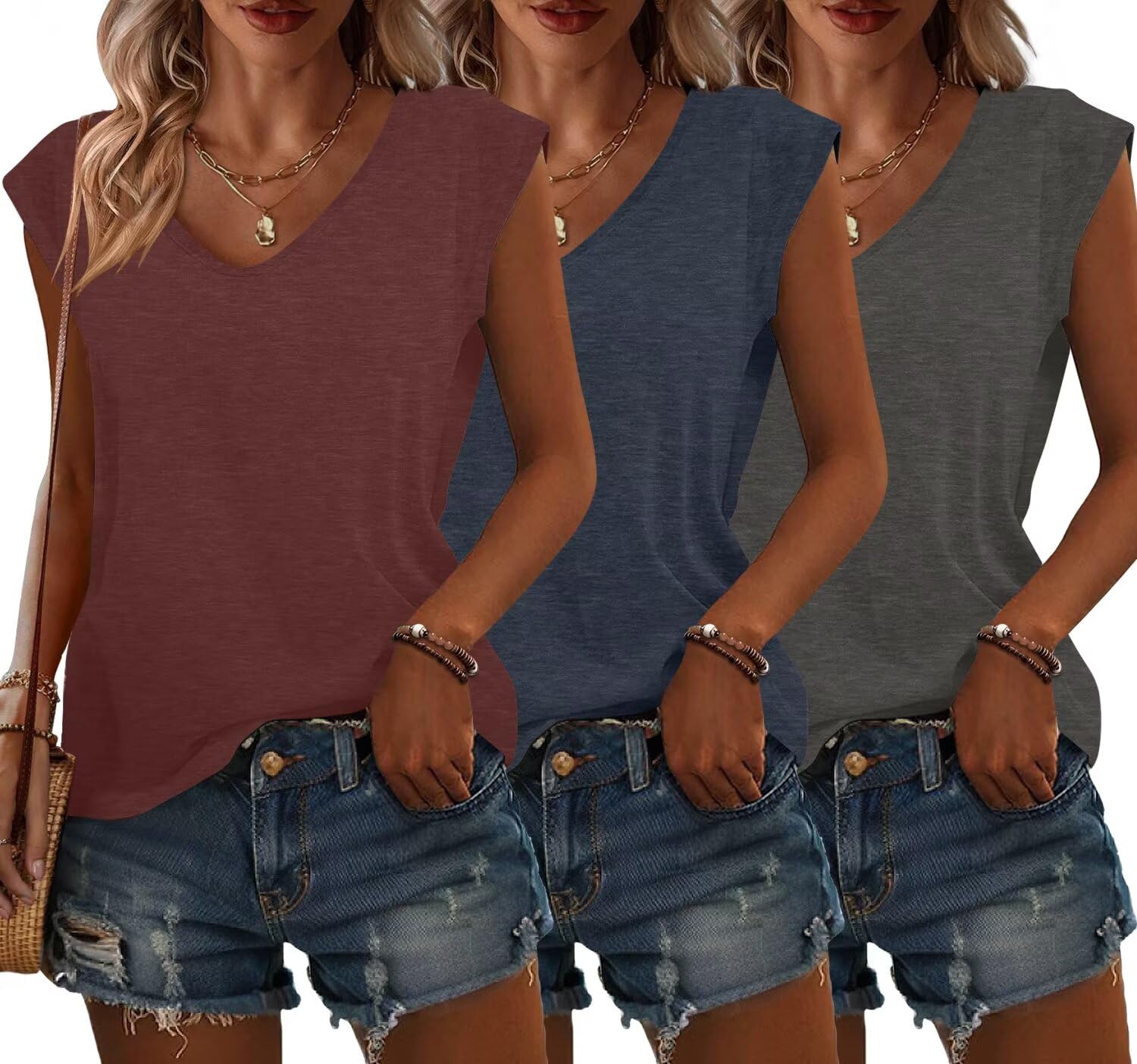 Bliwov 3 Pack Womens Cap Sleeve Tops V Neck T Shirts Summer Spring Outfits Beach Vacation Fashion Tee Blouse Workout Clothes